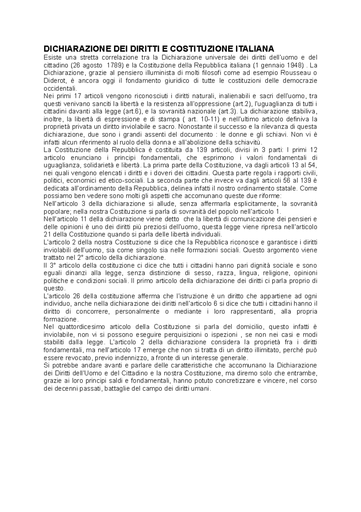 Dichiarazione DEI Diritti E Costituzione Italiana DICHIARAZIONE DEI DIRITTI E COSTITUZIONE