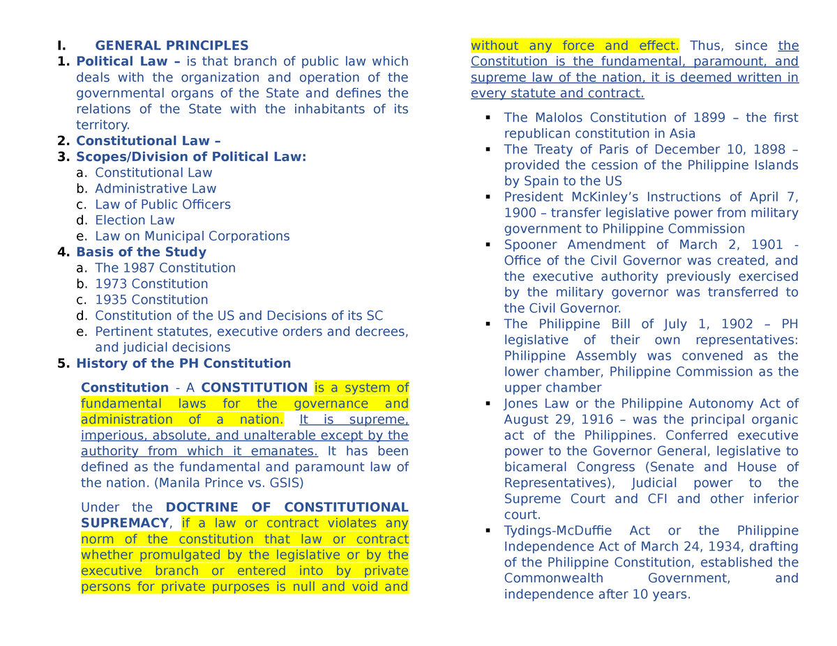 Constitution Law Notes On Cases And Doctrines - I. GENERAL PRINCIPLES 1 ...