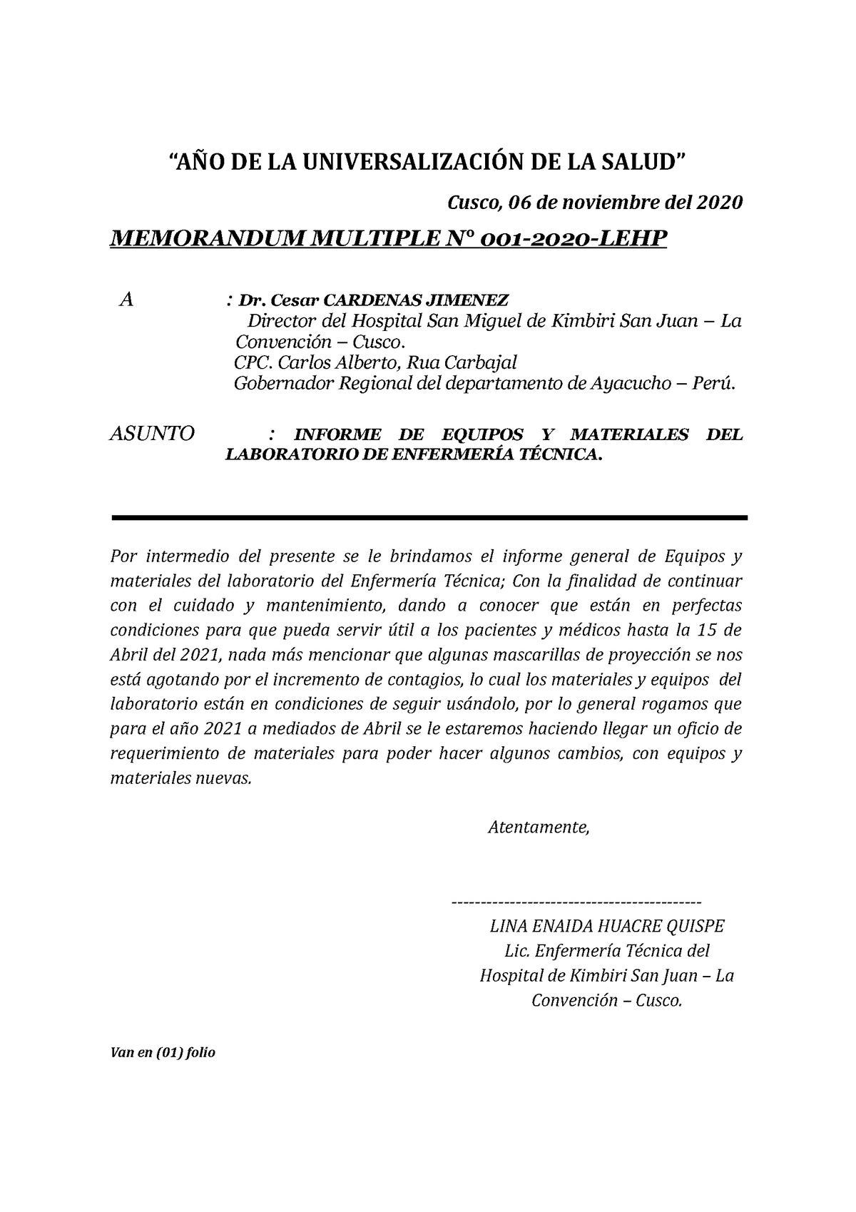 Memorandum- Multiple-2020 LINA - “AÑO DE LA UNIVERSALIZACIÓN DE LA SALUD”  Cusco, 06 de noviembre del - Studocu