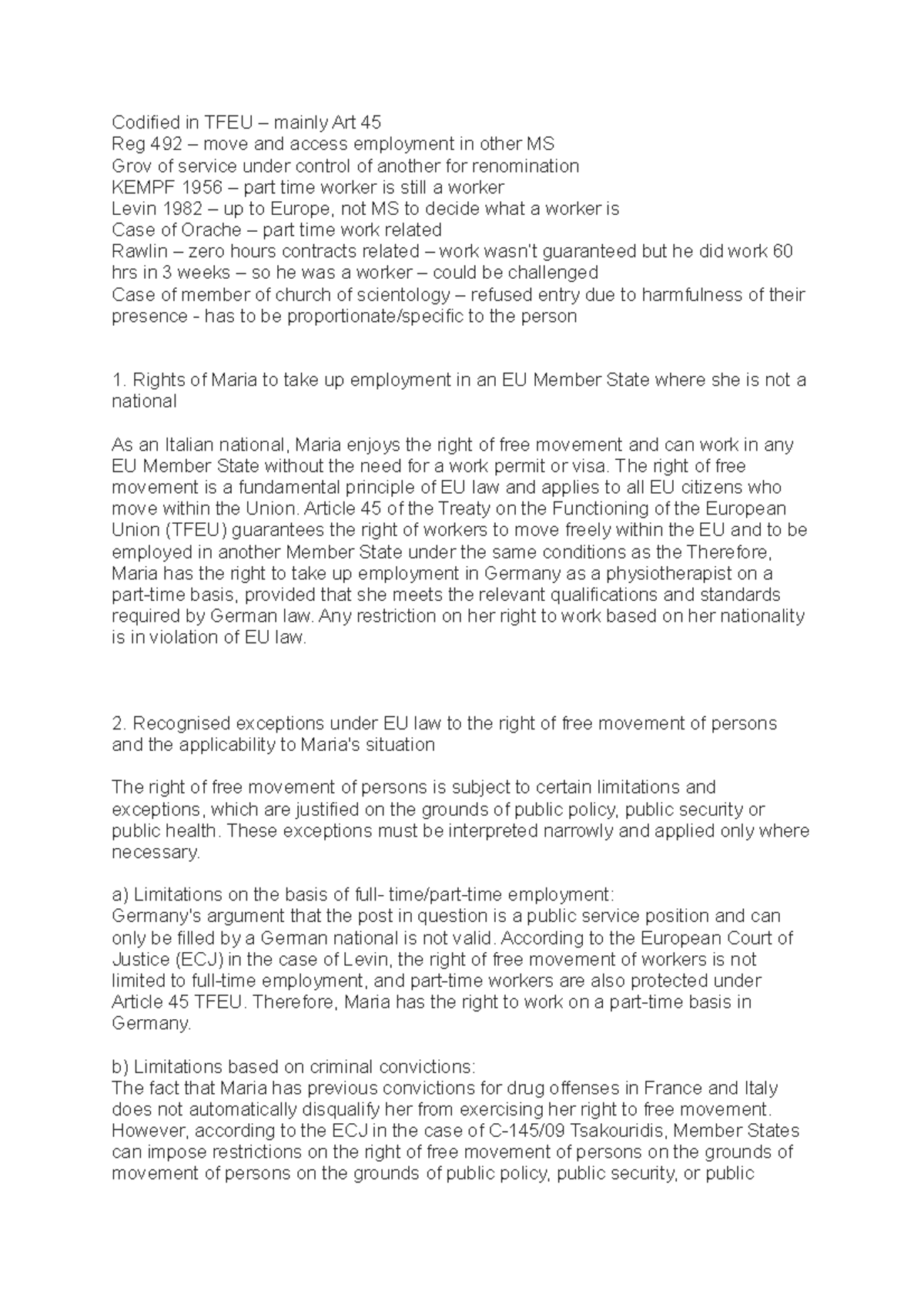 LFEU - Seminar 2 - Codified in TFEU – mainly Art 45 Reg 492 – move and ...