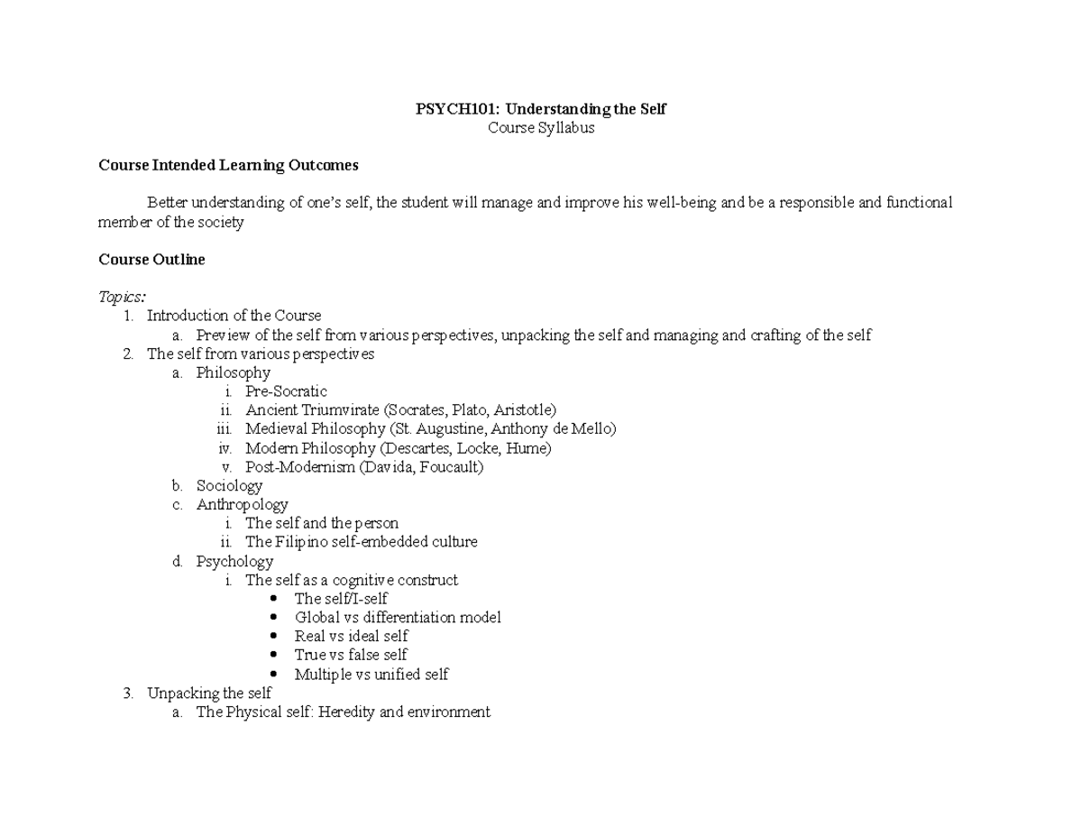 Psych 101 course outline psych101 understanding the self course