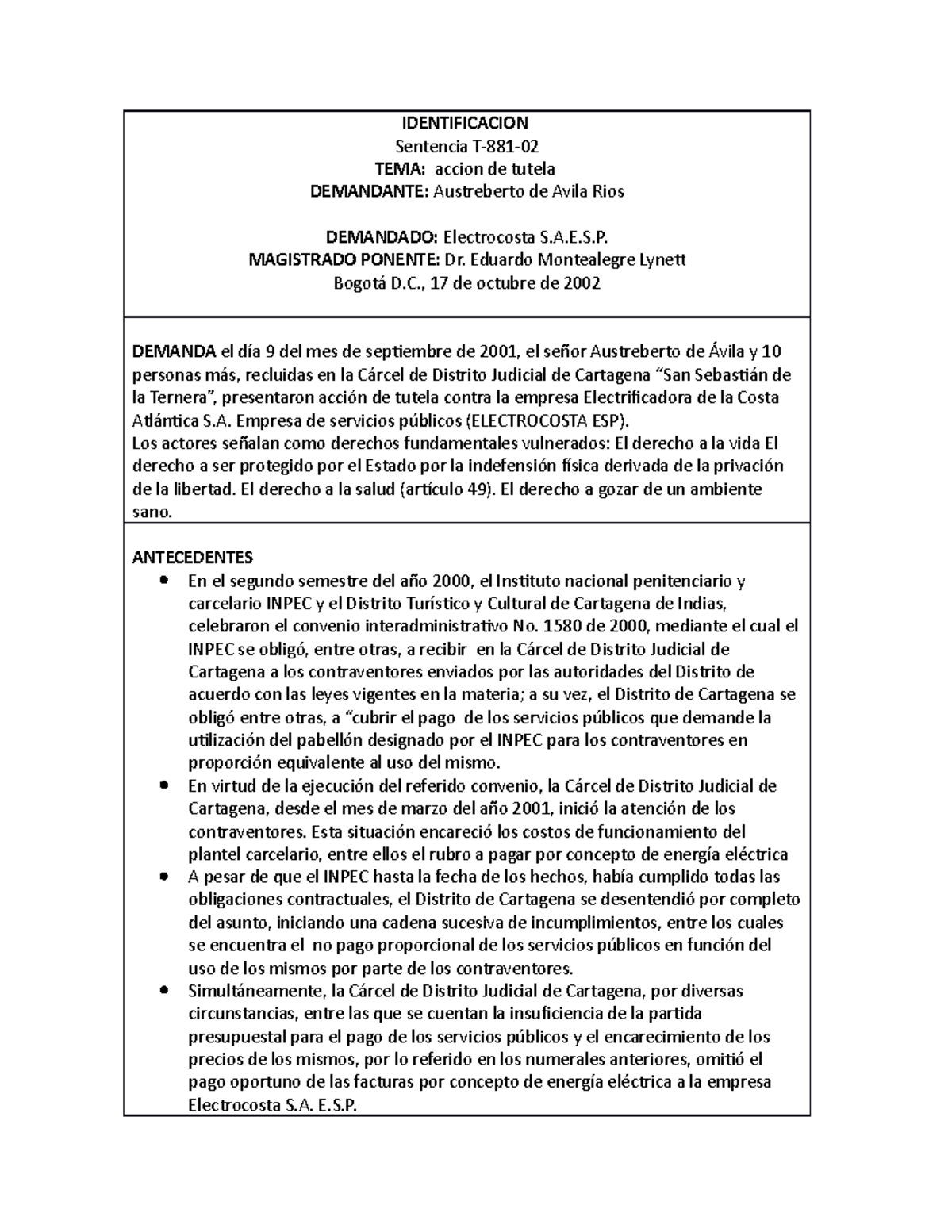 Analisis sentencia T de881 de 2002 - IDENTIFICACION Sentencia T-881