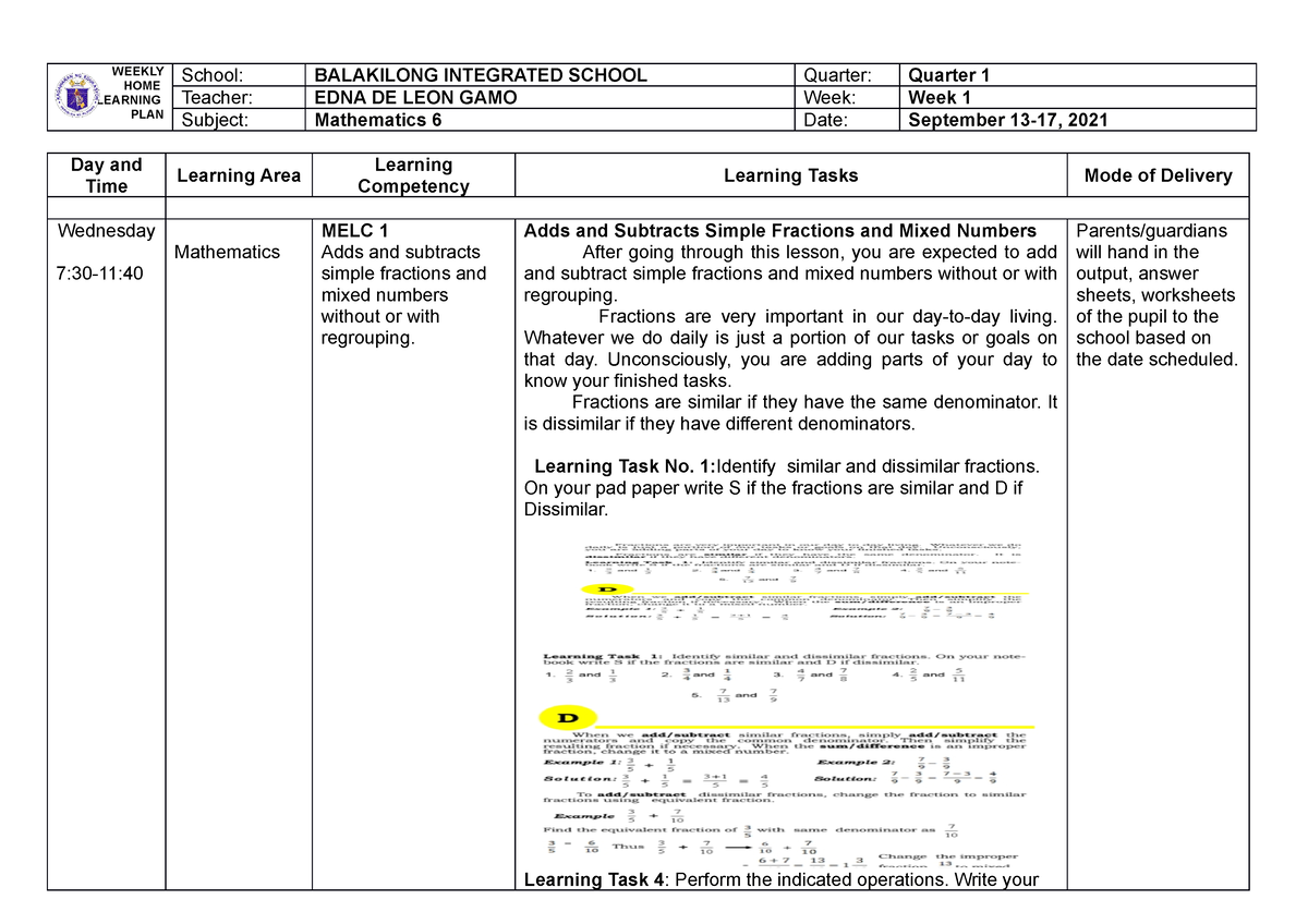 Whlp Q1w1 Math6 Whlp Weekly Home Learning Plan School Balakilong Integrated School Quarter 9483