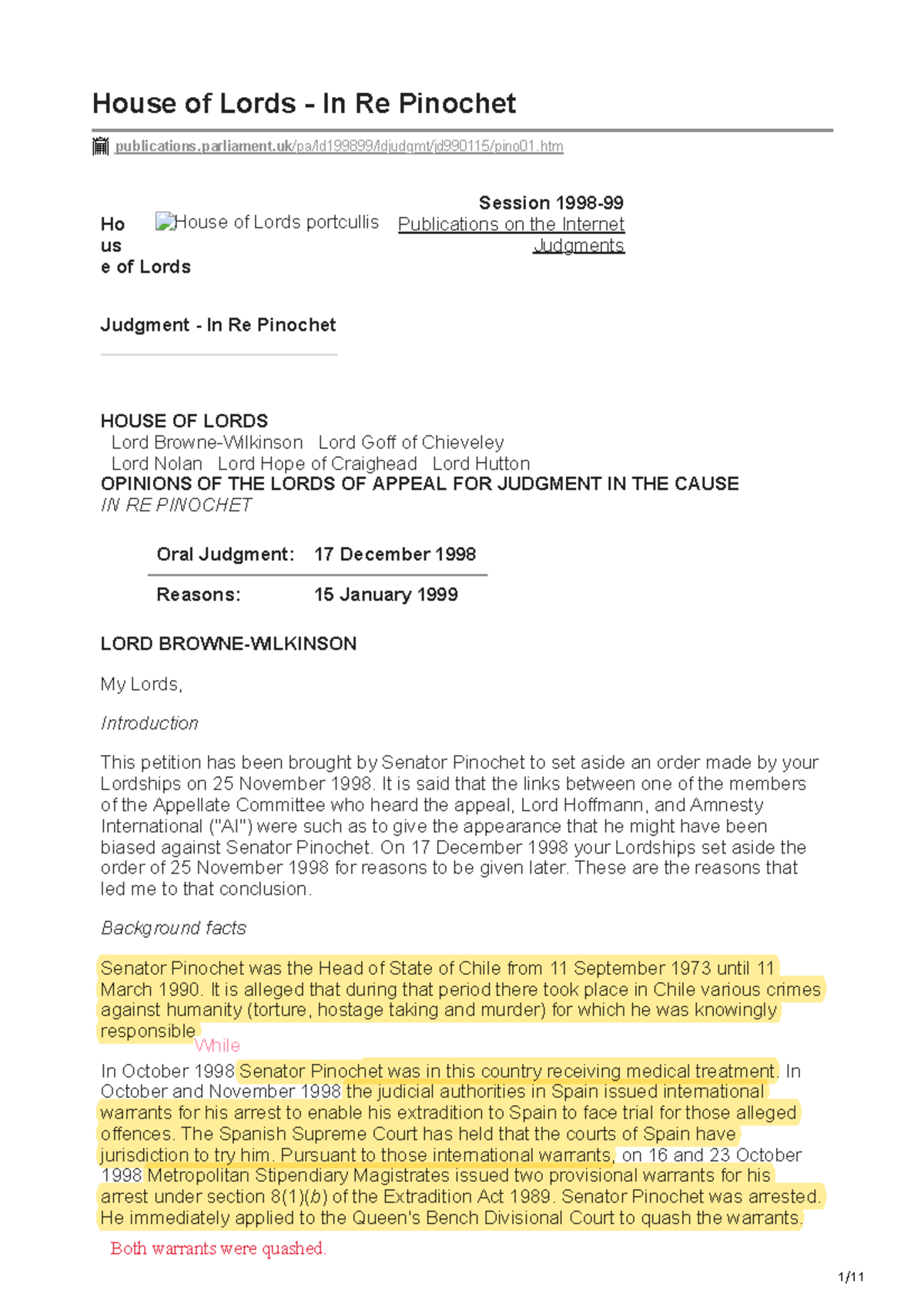 Pinochet Case - House of Lords portcullis House of Lords - In Re ...