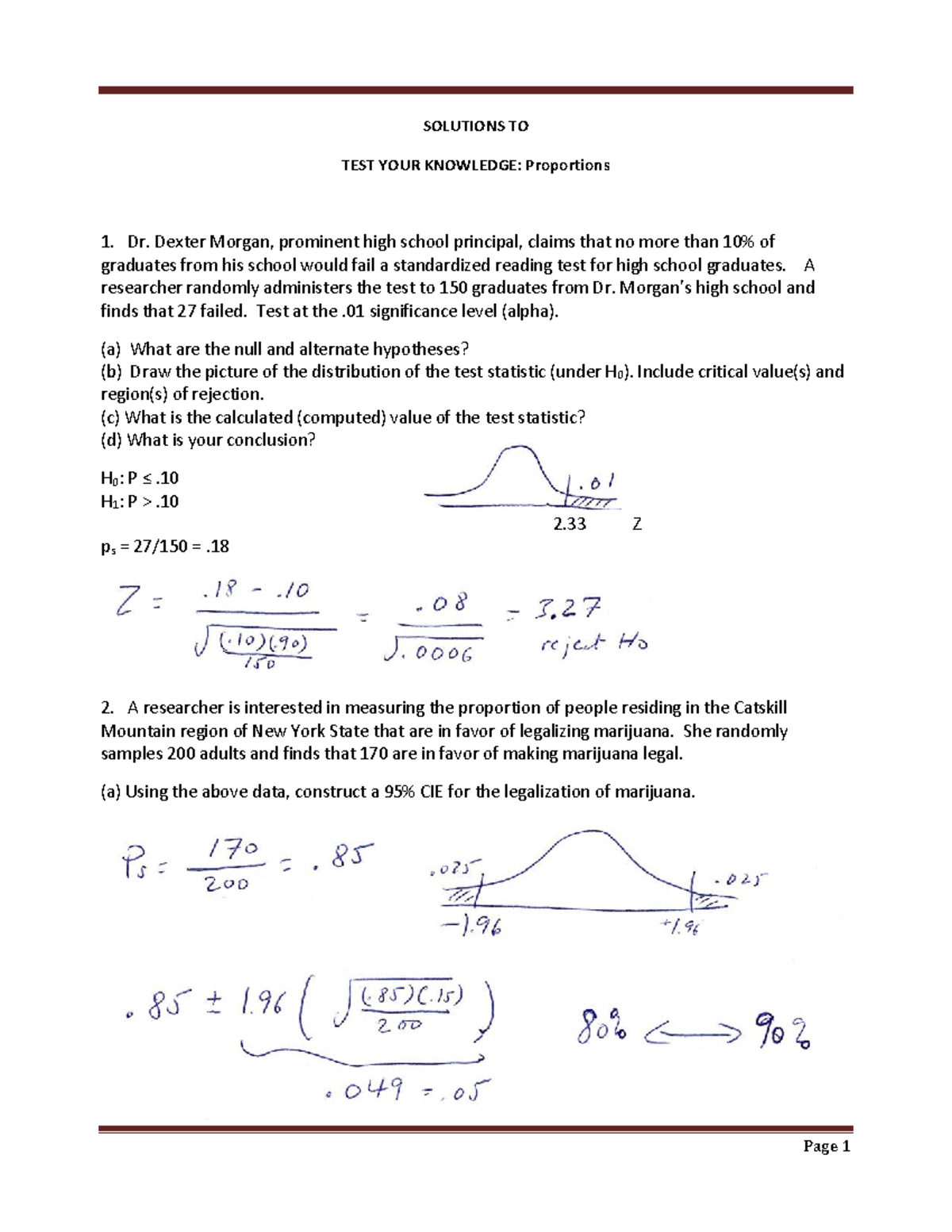 Proportions One Sample Done Now (SOLUTIONS TO) - SOLUTIONS TO TEST YOUR ...