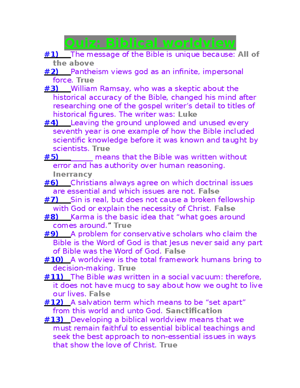 Biblical worldview quiz - Quiz: Biblical worldview #1) The message of ...