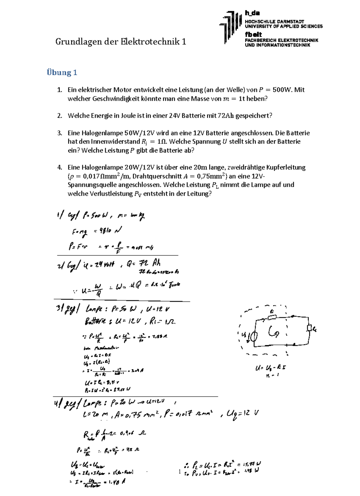 Übung 1 Elektrotechnik 1 - 1 ͳ Übung 1 ####### - Studocu