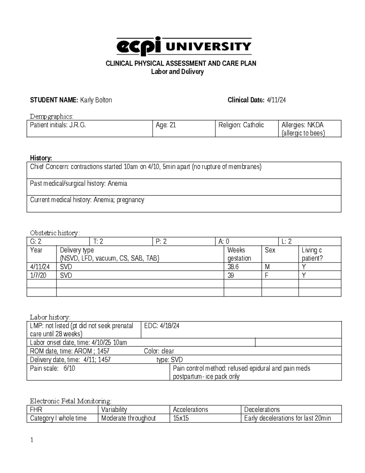 L&D Care Plan #2 - L&D care plan - STUDENT NAME: Karly Bolton Clinical ...