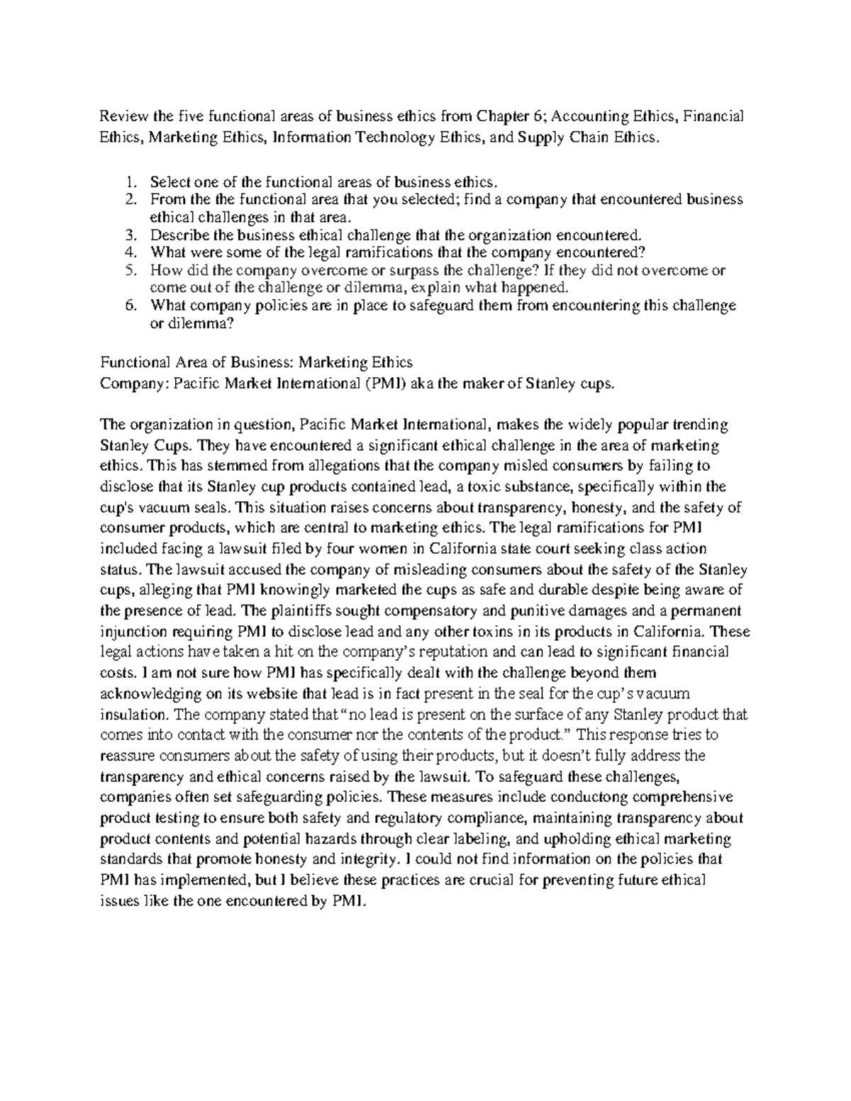 Week 5 Assignment 2 - Review the five functional areas of business ...