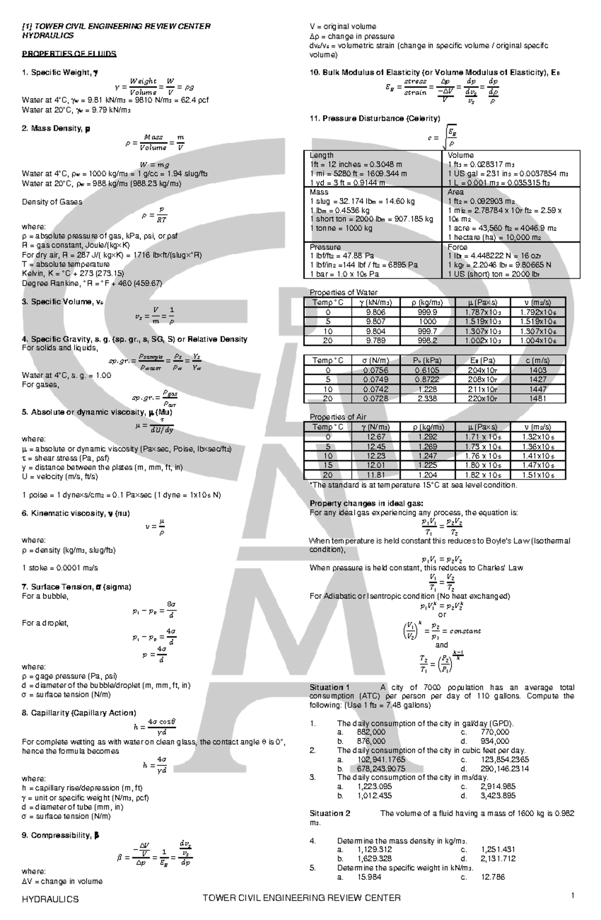 NOV 2020 Hydraulics (1-3) - HYDRAULICS TOWER CIVIL ENGINEERING REVIEW ...