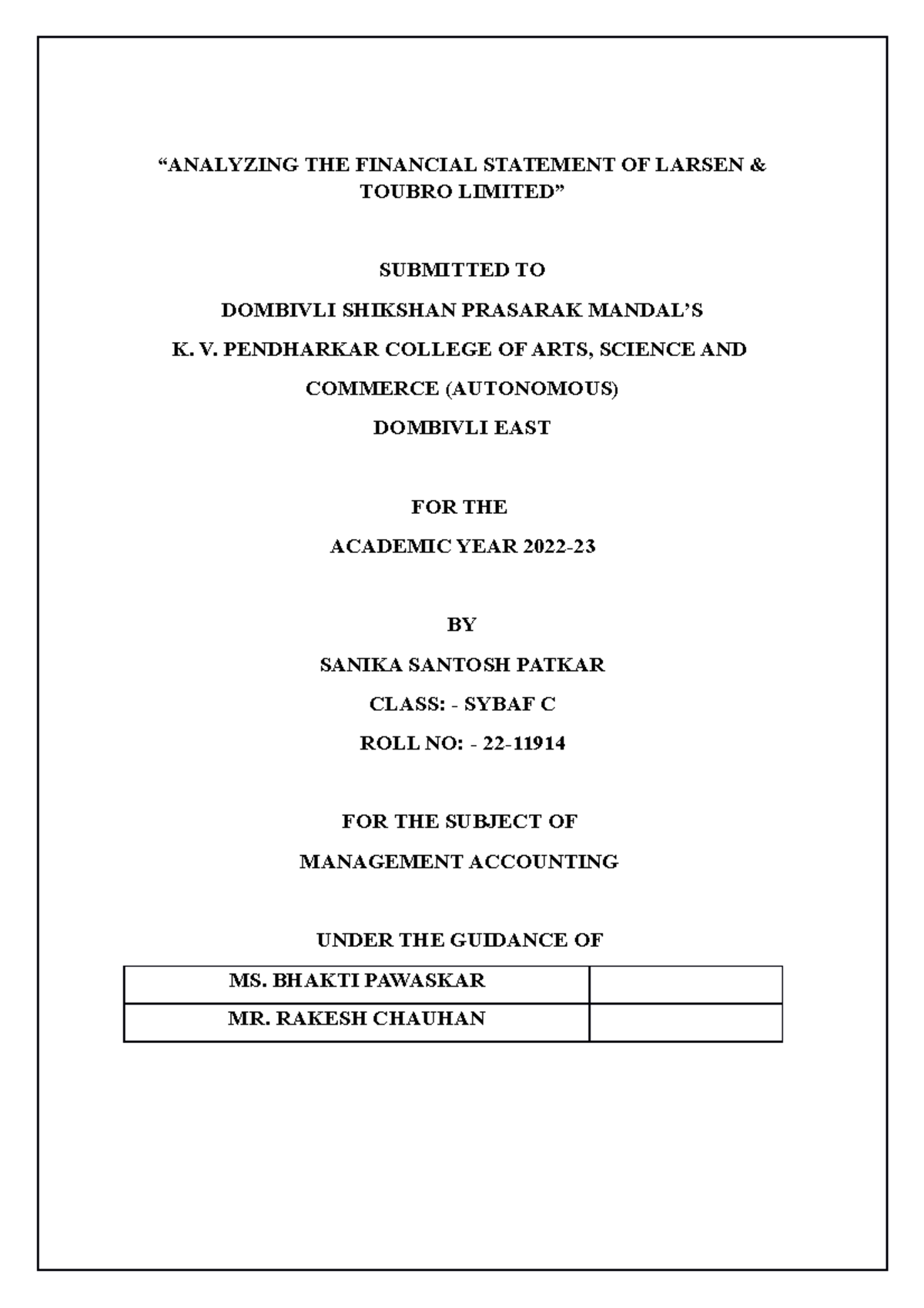 Analyzing THE Financial Statement OF Larsen - “ANALYZING THE FINANCIAL ...