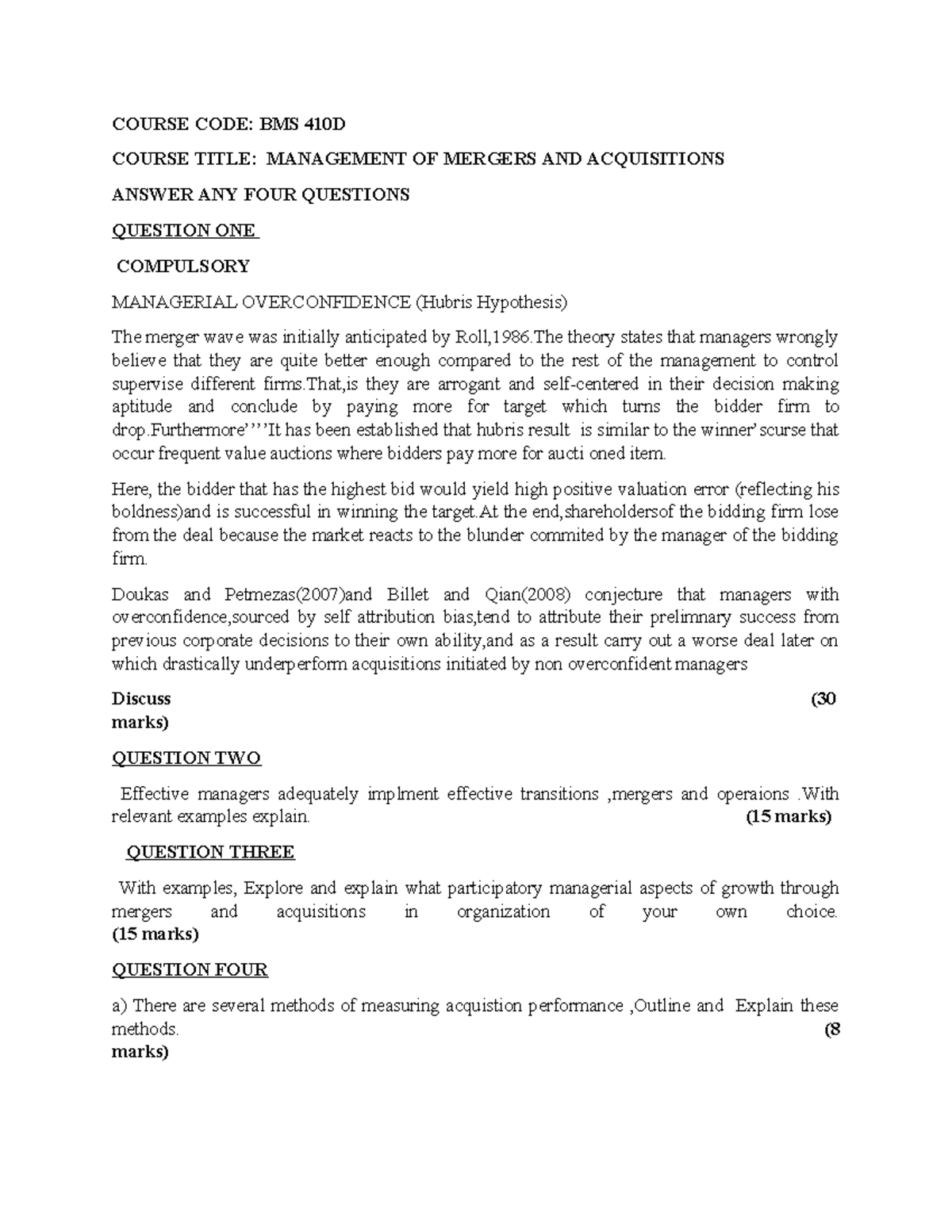 BSM 410 MGT OF Mergers AND Acquisitions EXAM - COURSE CODE: BMS 410D ...