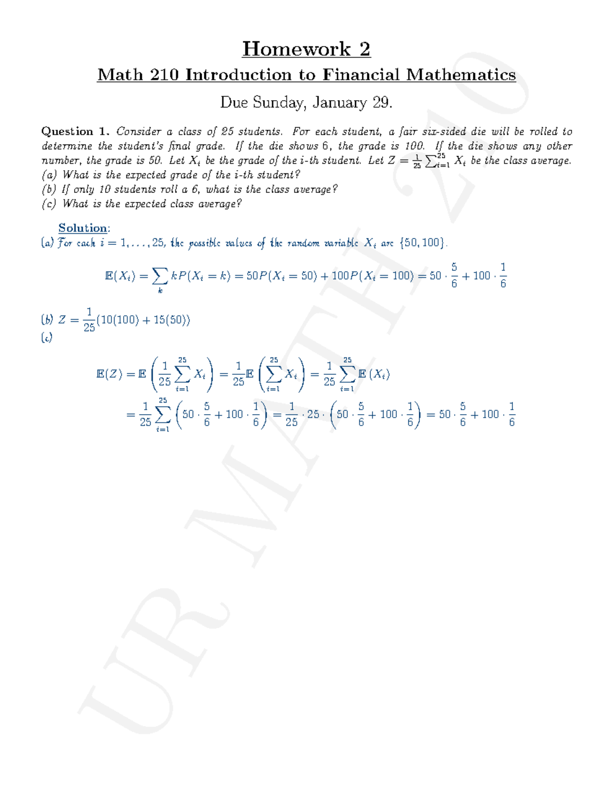 HW2Sol - Homework solution - UR MATH 210 Homework 2 Math 210 ...