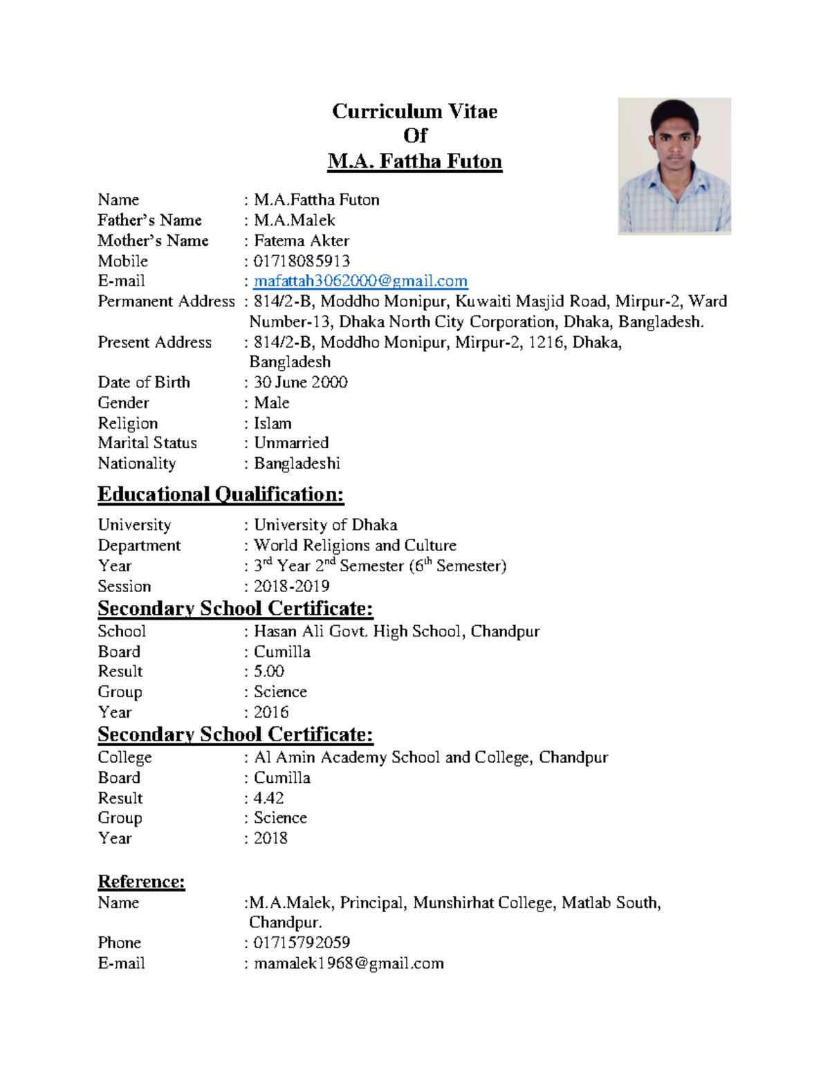 Curriculum Vitae of Futon - Curriculum Vitae Of M. Fattha Futon Name ...