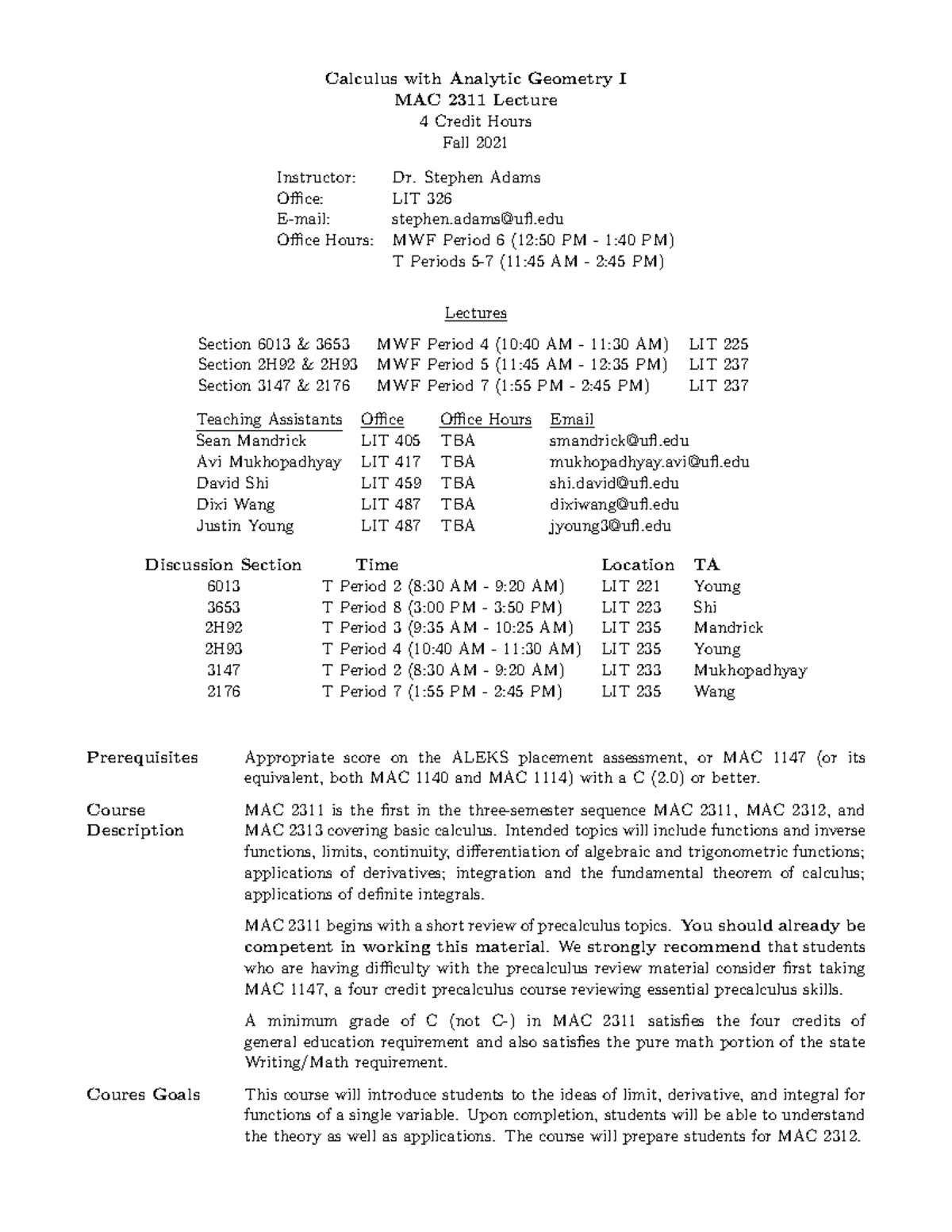 MAC+2311+Fall+2021+Syllabus - Calculus With Analytic Geometry I MAC ...