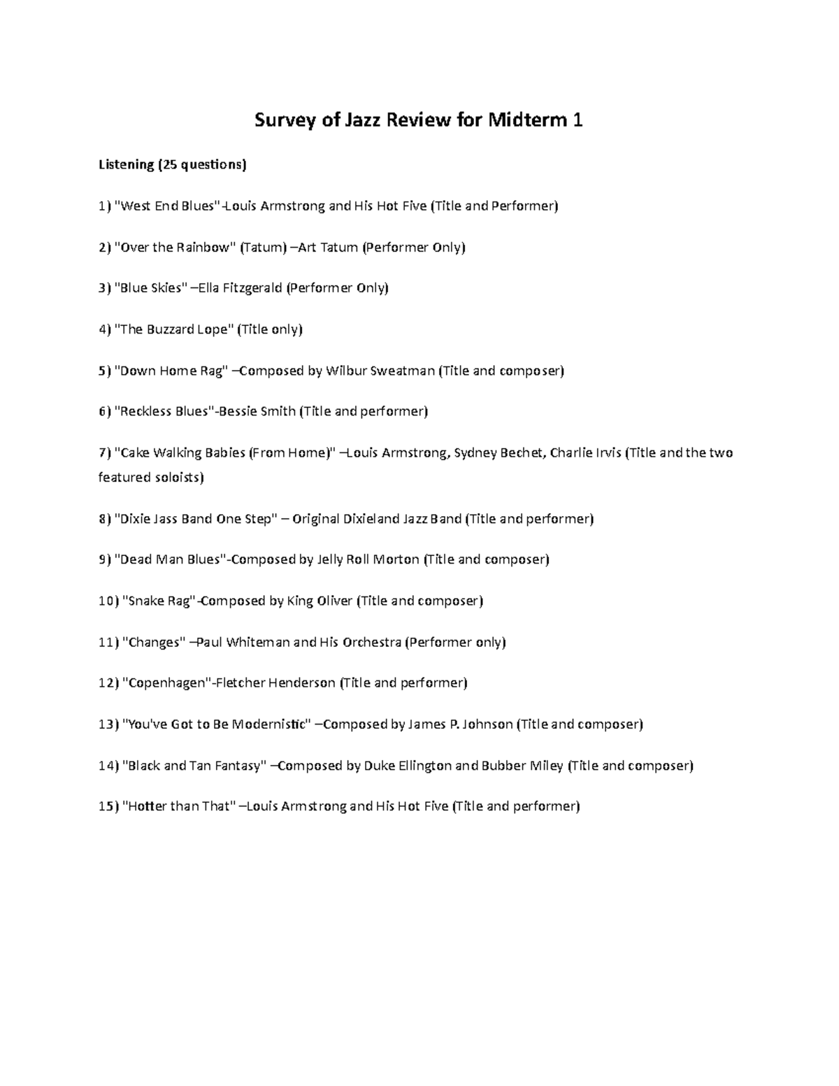 Survey of Jazz Study Guide 1 Survey of Jazz Review for Midterm 1