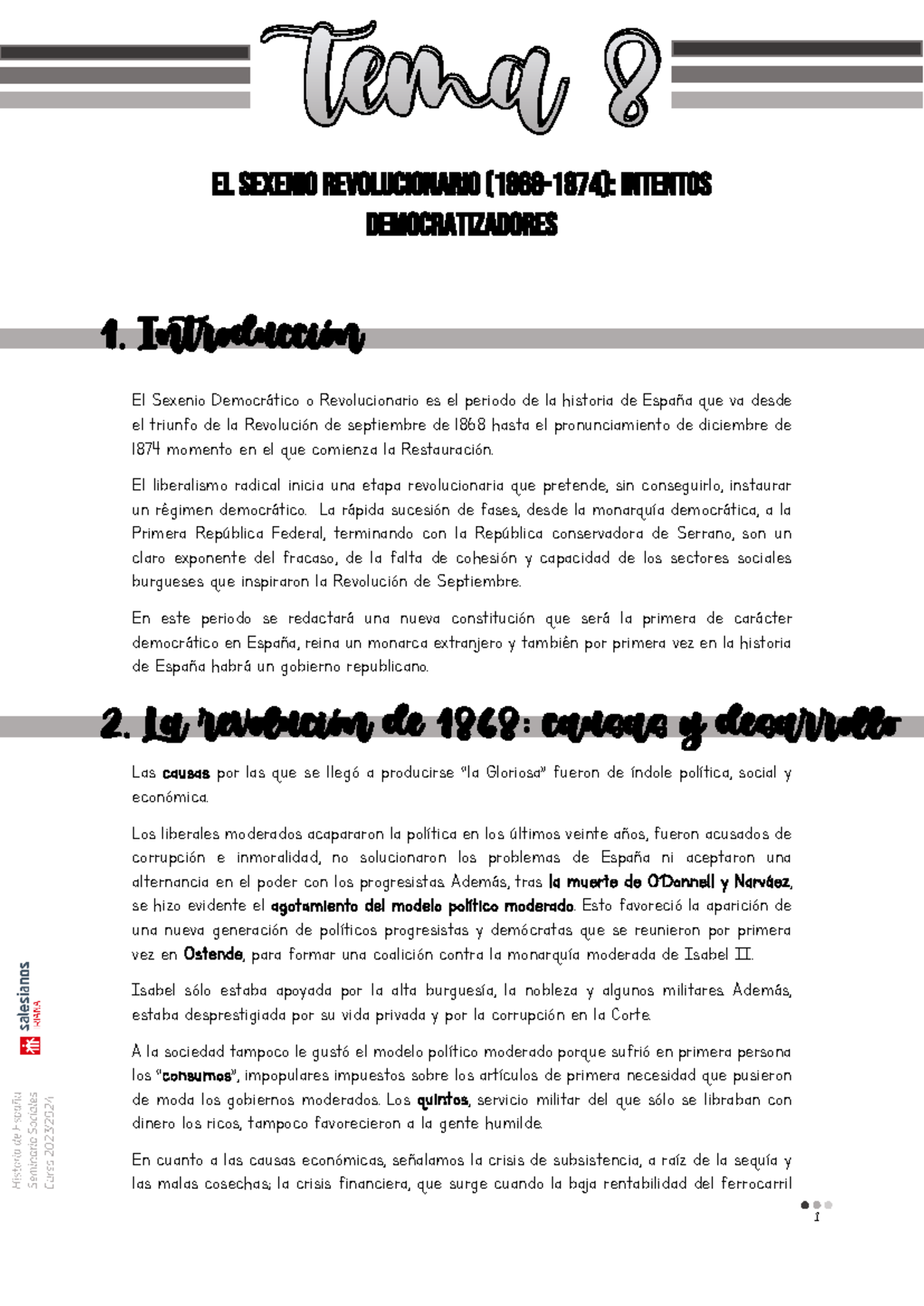 Tema 8 Def El Sexenio Democrático O Revolucionario Es El Periodo De La Historia De