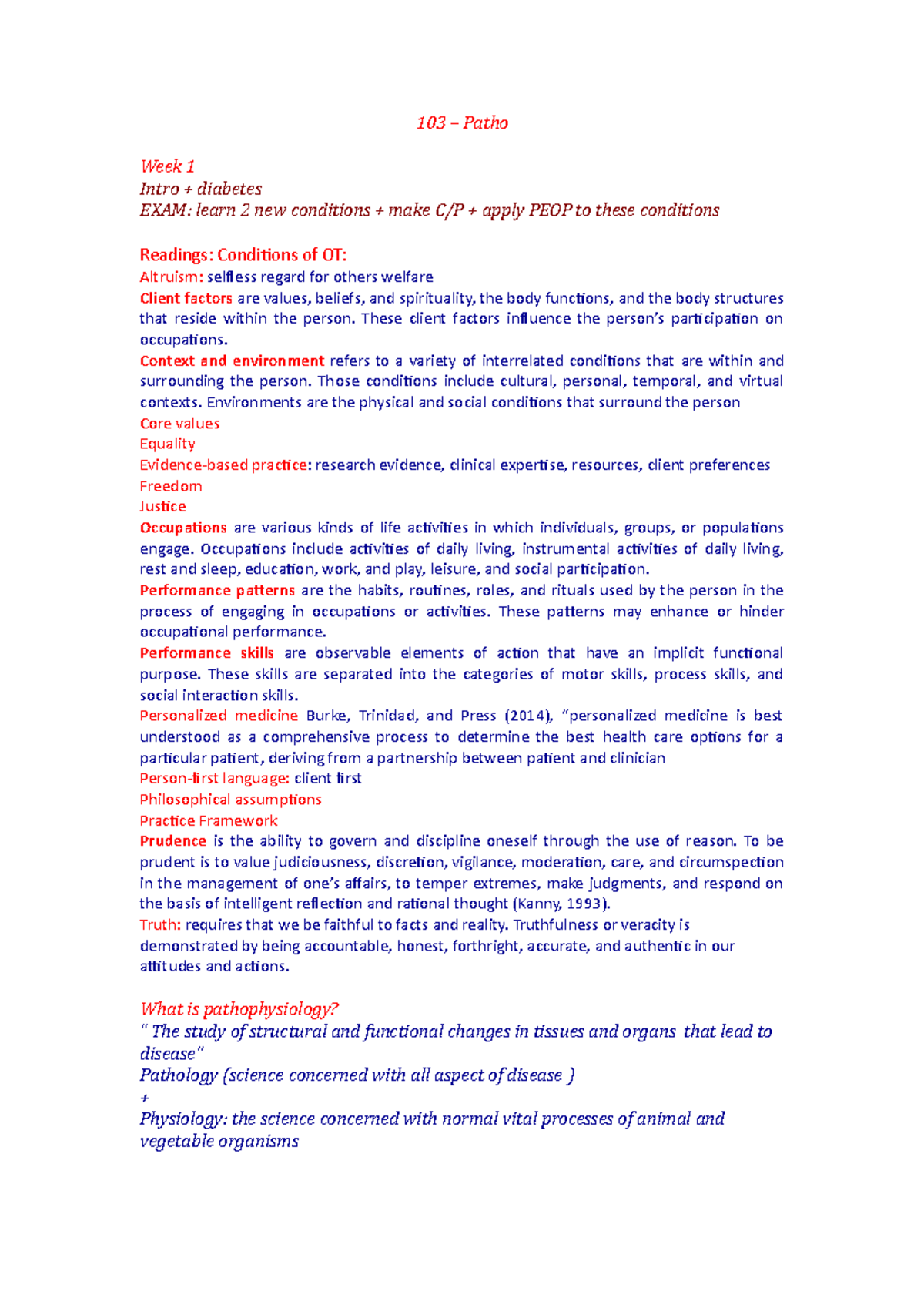 103 Patho- Week 1 - Lecture notes 1 - 103 – Patho Week 1 Intro ...