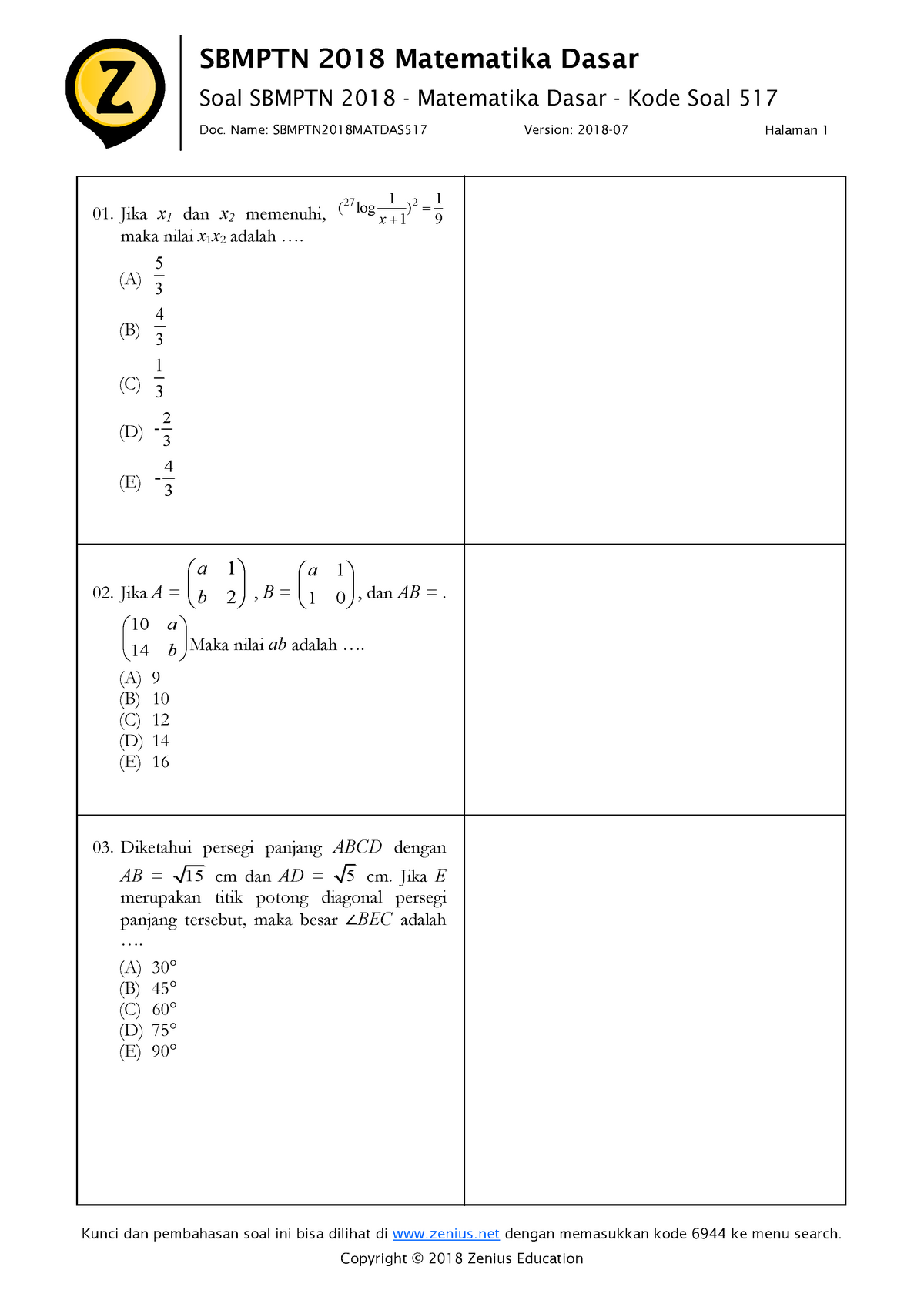 Matdas 18 - Zenius Math 2018 - SBMPTN 2018 Matematika Dasar Soal SBMPTN ...