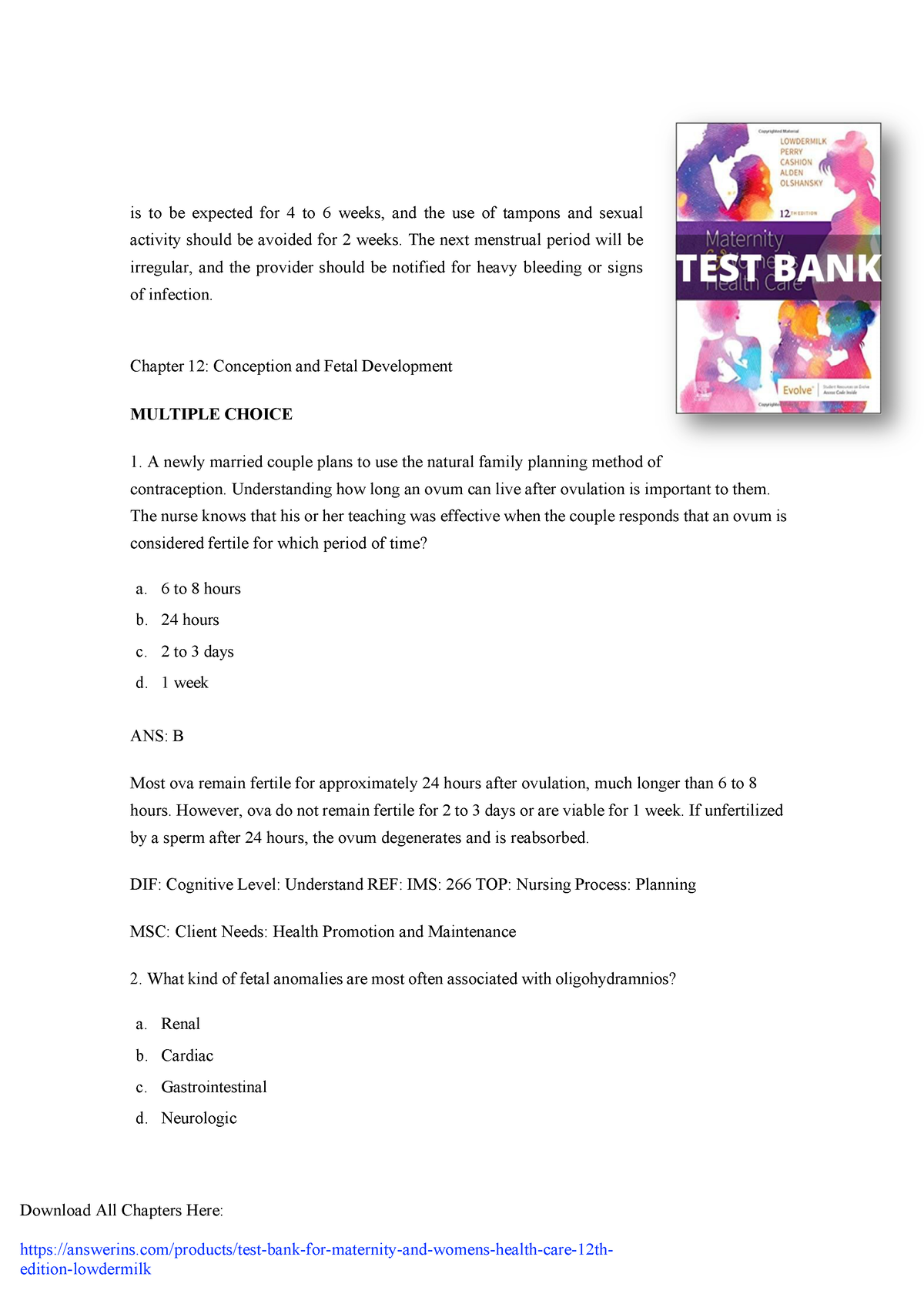 Test Bank For Maternity And Women's Health Care 12th Edition Lowdermilk ...