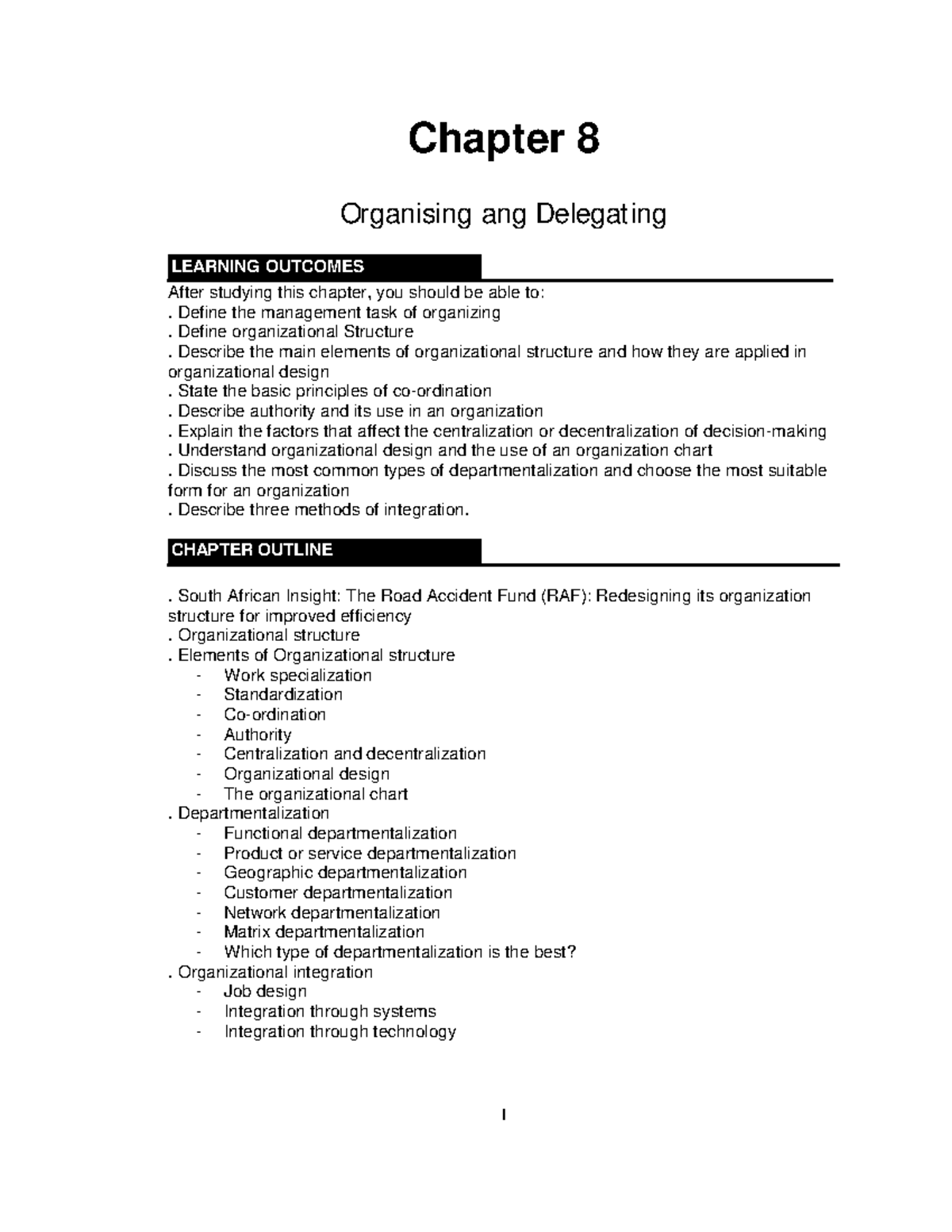 CBMD022 Chapter 8 Organisising AND Delegating - Chapter 8 Organising ...