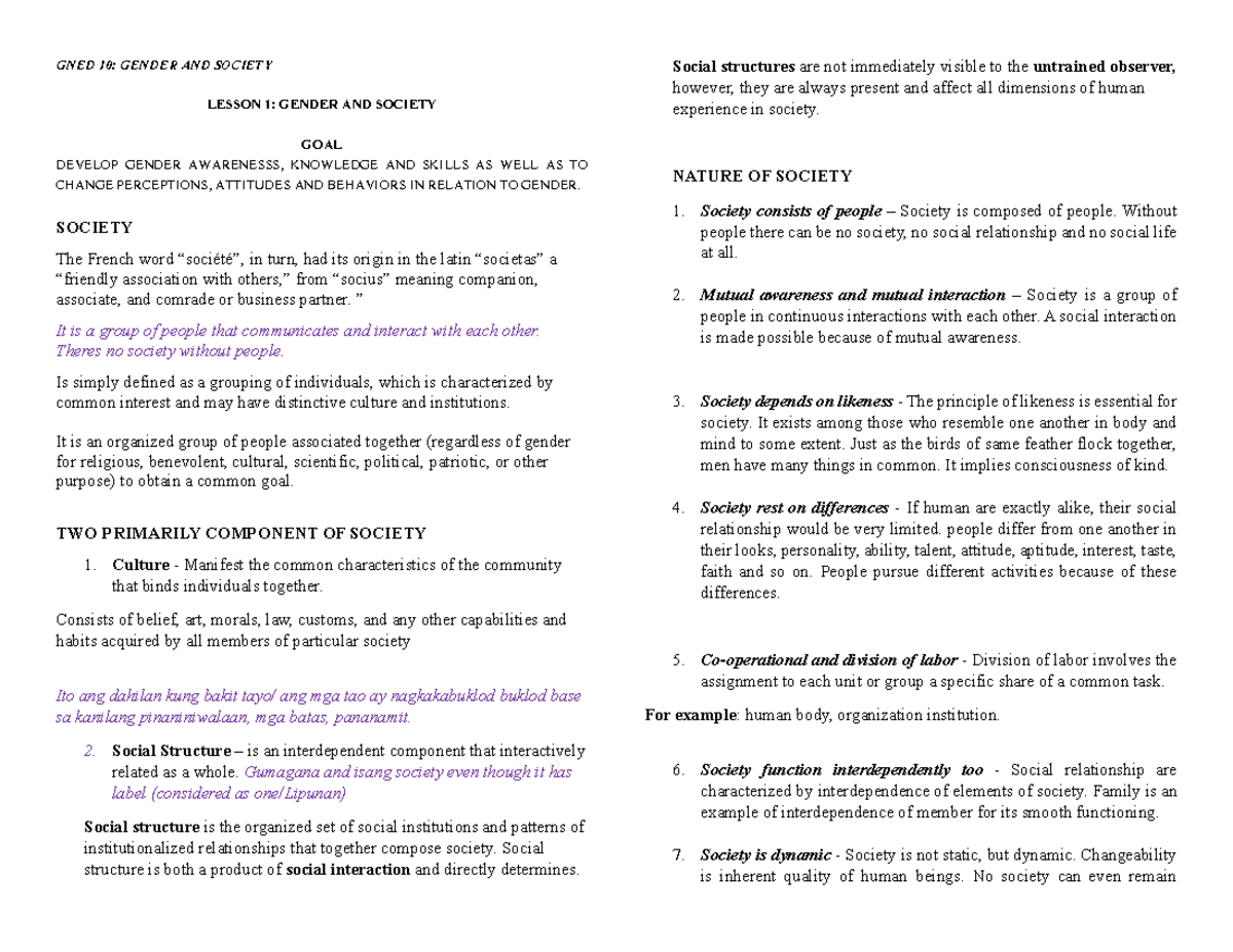 GNED 10 Lesson 1 AND 2 - Gender and Society - GNED 10: GENDER AND ...