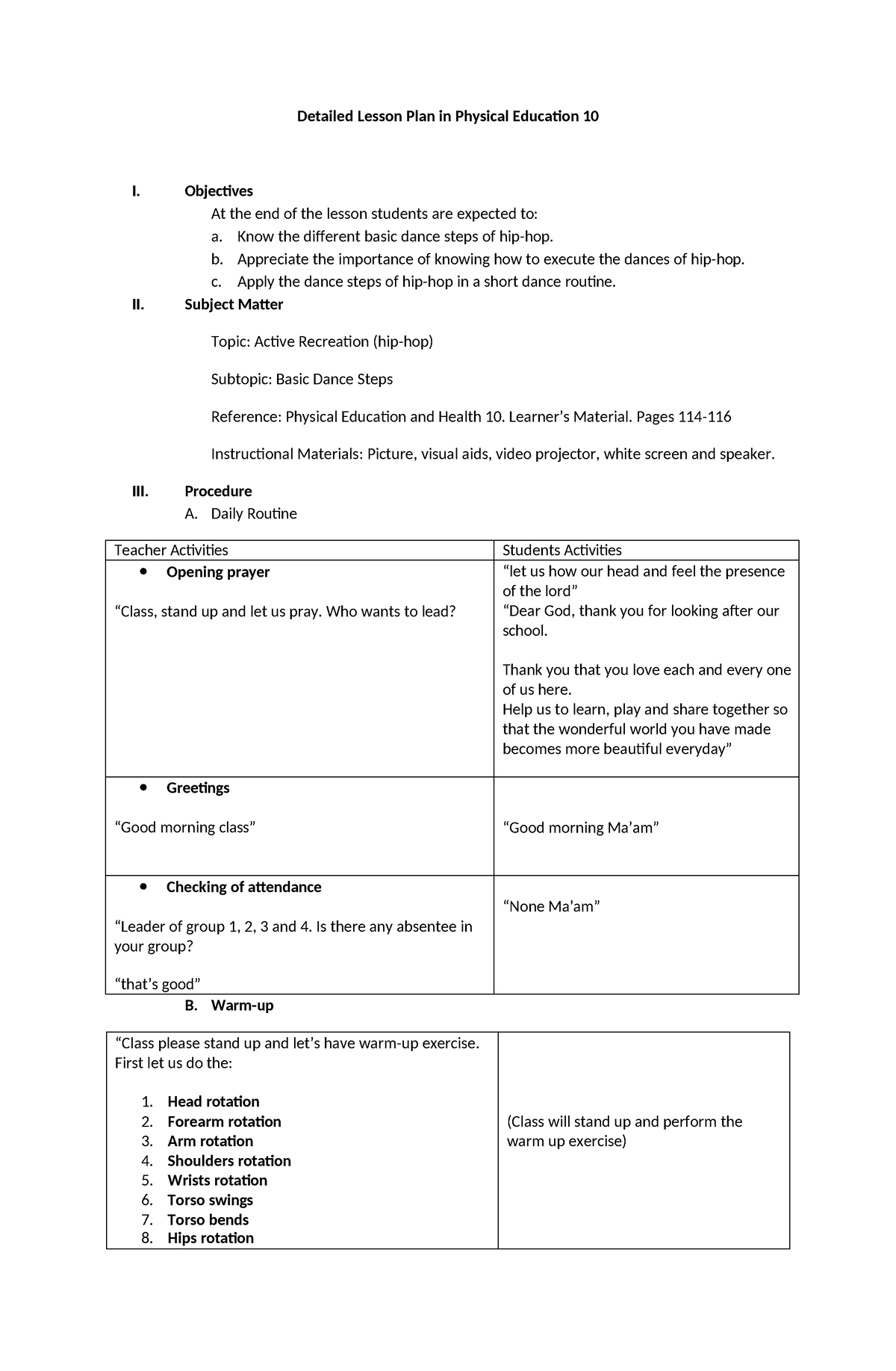 Detailed lesson plan in physical education 10 hip hop - Detailed Lesson ...