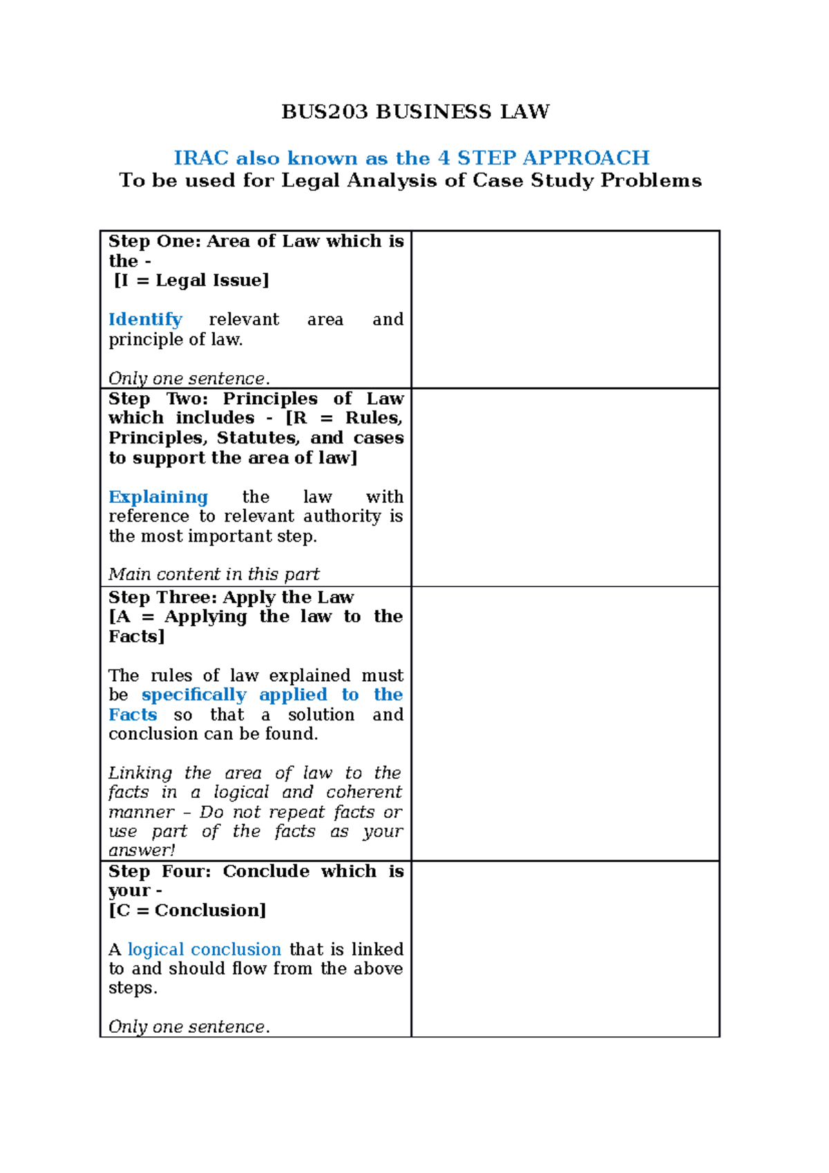 IRAC 4 Step Approach Legal Analysis For Case Study Problems - BUS203 ...