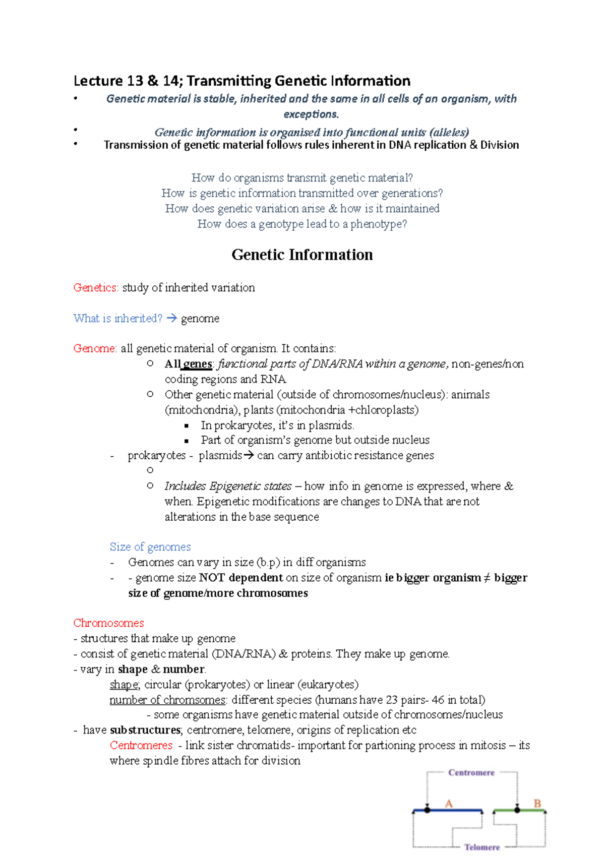 Lecture 13 And 14 Genetics Summary Notes - Lecture 13 & 14; Transmi3ng ...