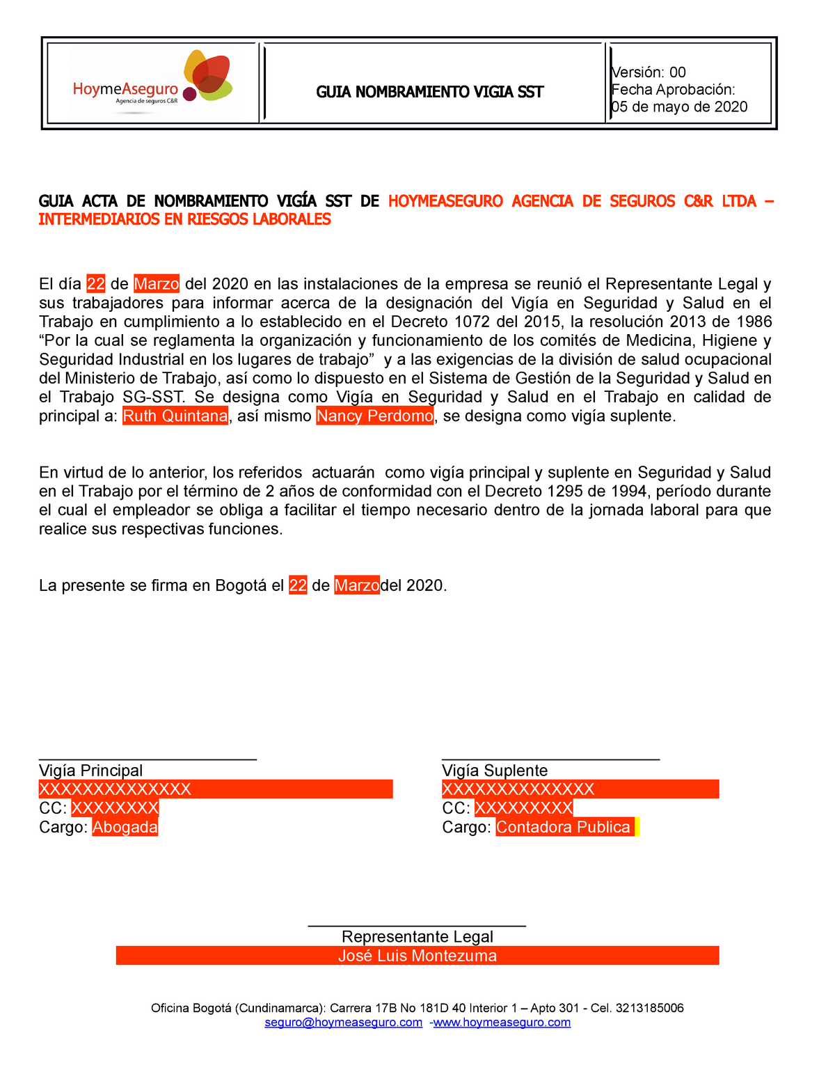 Ft Sst 006 Formato Acta De Nombramiento Del Vigia En