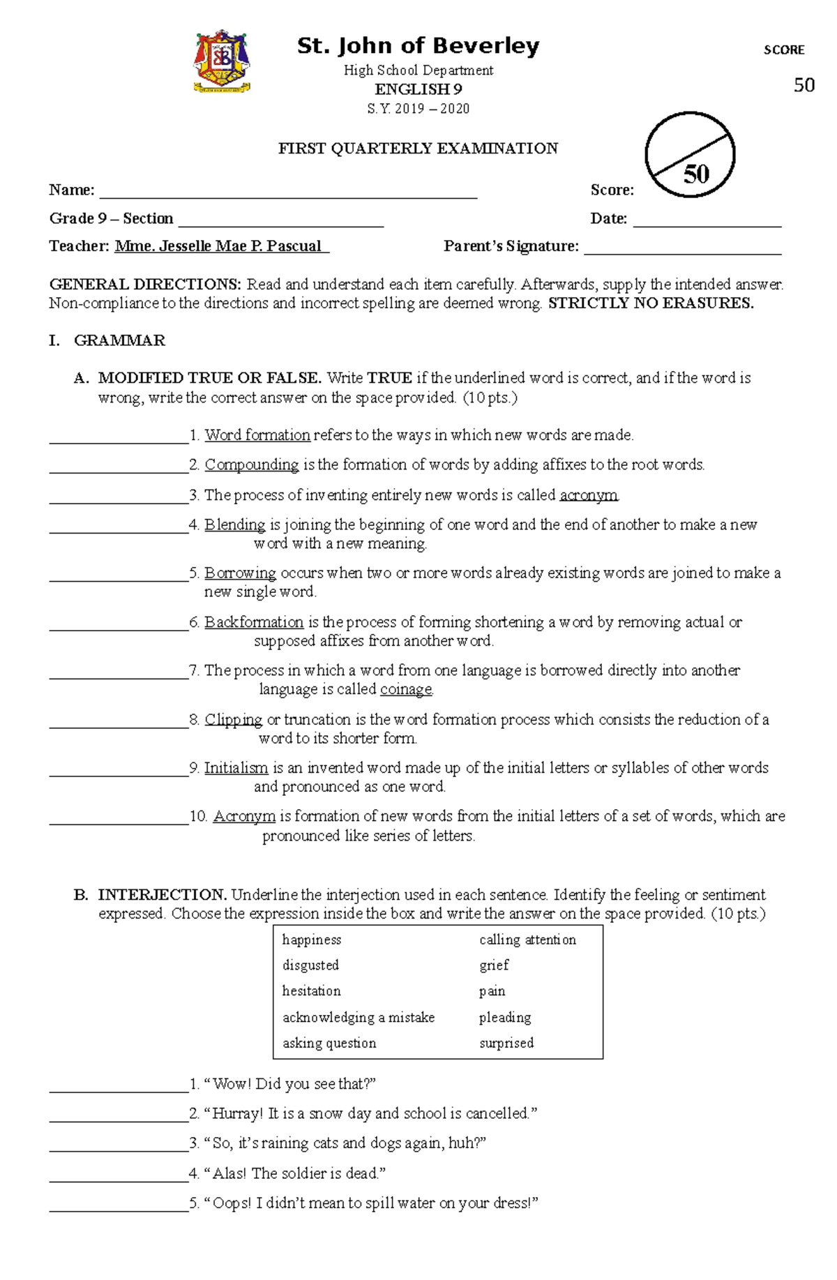 Grade 9 - Quarterly - Exam - St. John of Beverley High School ...