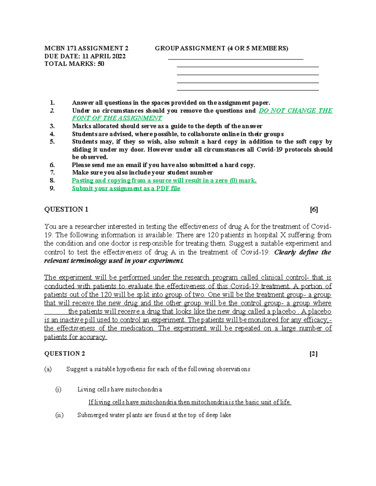 2022 MCBN 171 Assignment 1 - MCBN 171 ASSIGNMENT 2 GROUP ASSIGNMENT (4 ...