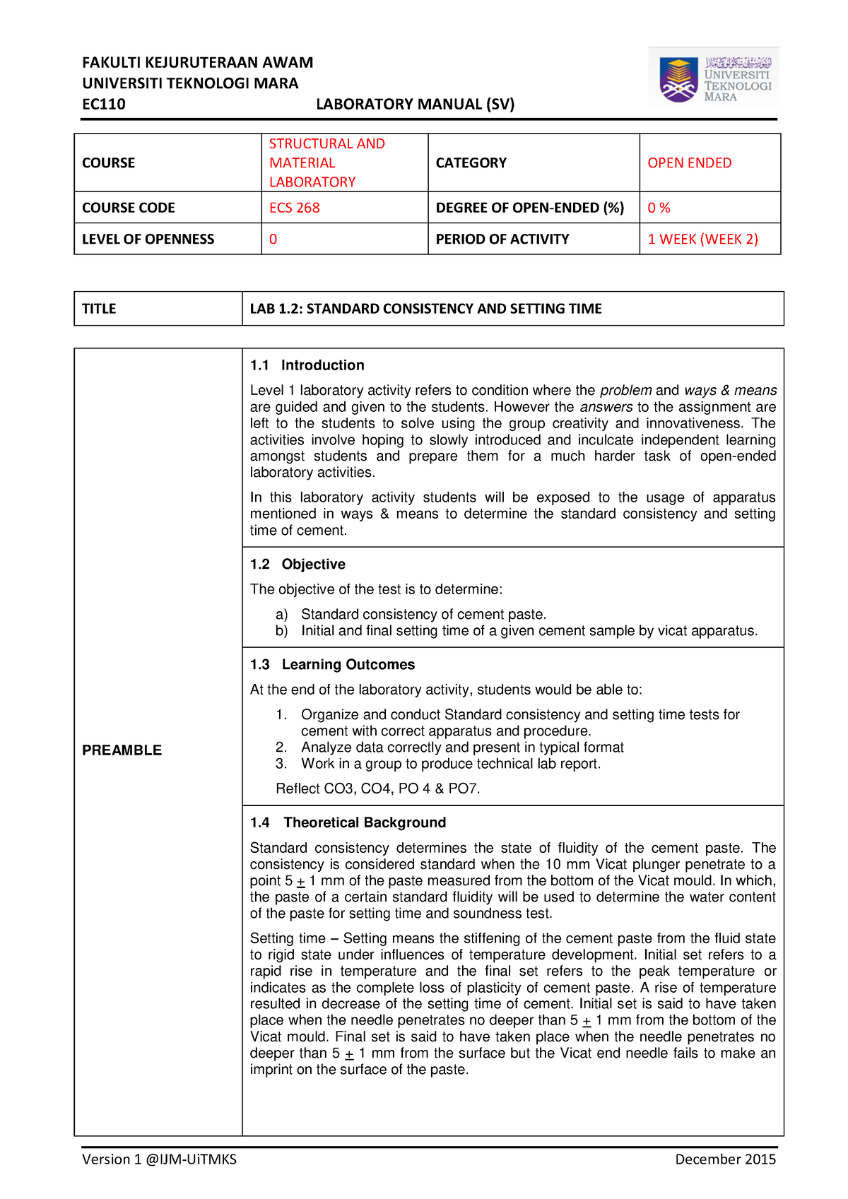 1.2 - Standard of consistency and setting time test - UNIVERSITI ...