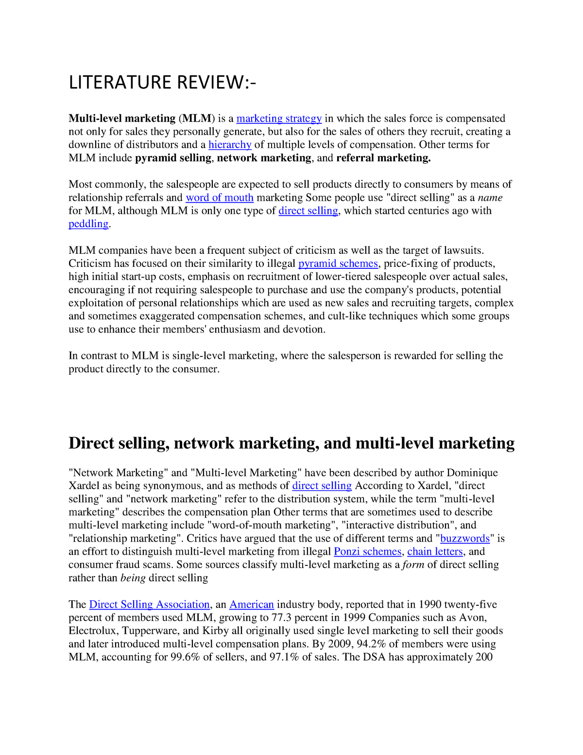 literature review of network marketing