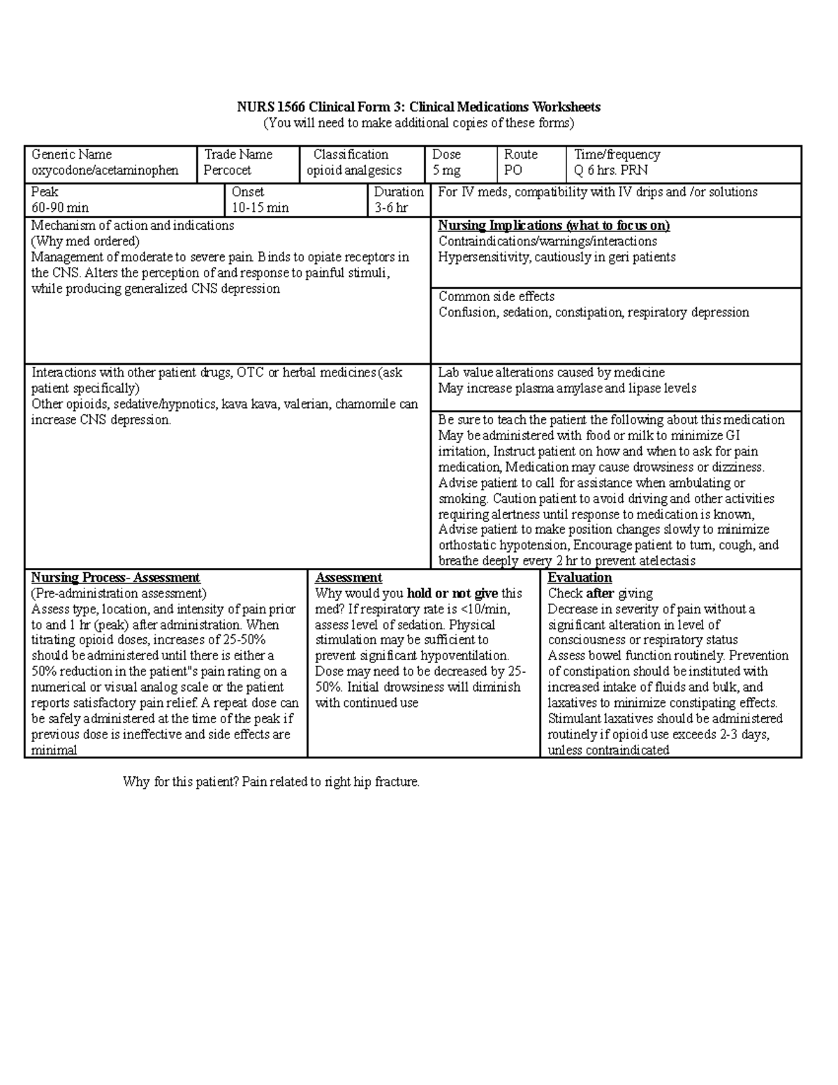 12930936 Percocet drug card - NURS 1566 Clinical Form 3: Clinical ...