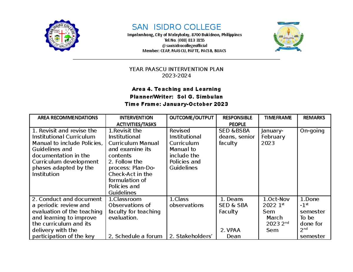 Paascu TL Intervention Plans - SAN ISIDRO COLLEGE Impalambong, City of ...