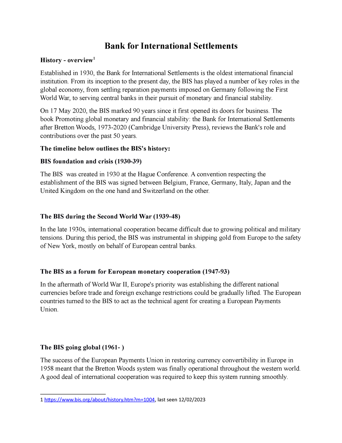 BIS - BIS - Bank For International Settlements History - Overview 1 ...