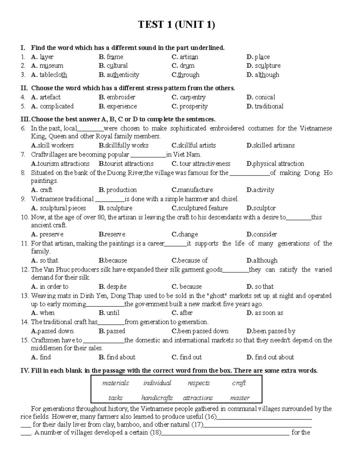 Test,1,2 ( Unit 1 Lưu Hoằng Trí ) - TEST 1 (UNIT 1) I. Find the word ...
