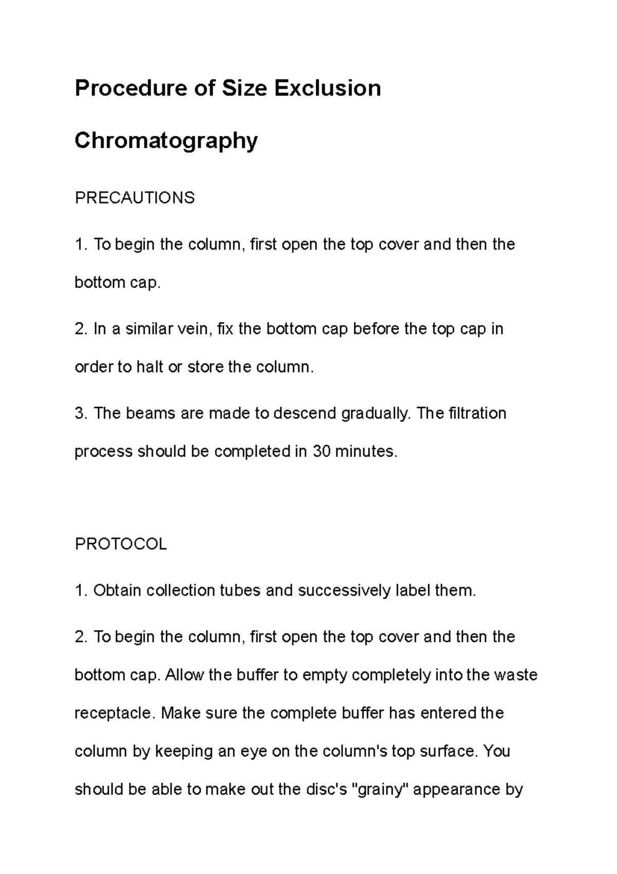 Procedure of Size Exclusion Chromatography Procedure of Size