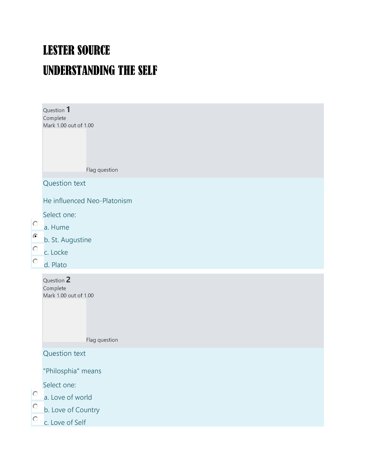 Understanding THE SELF Prelim QUIZ 1, Prefinal QUIZ 1 - LESTER SOURCE ...