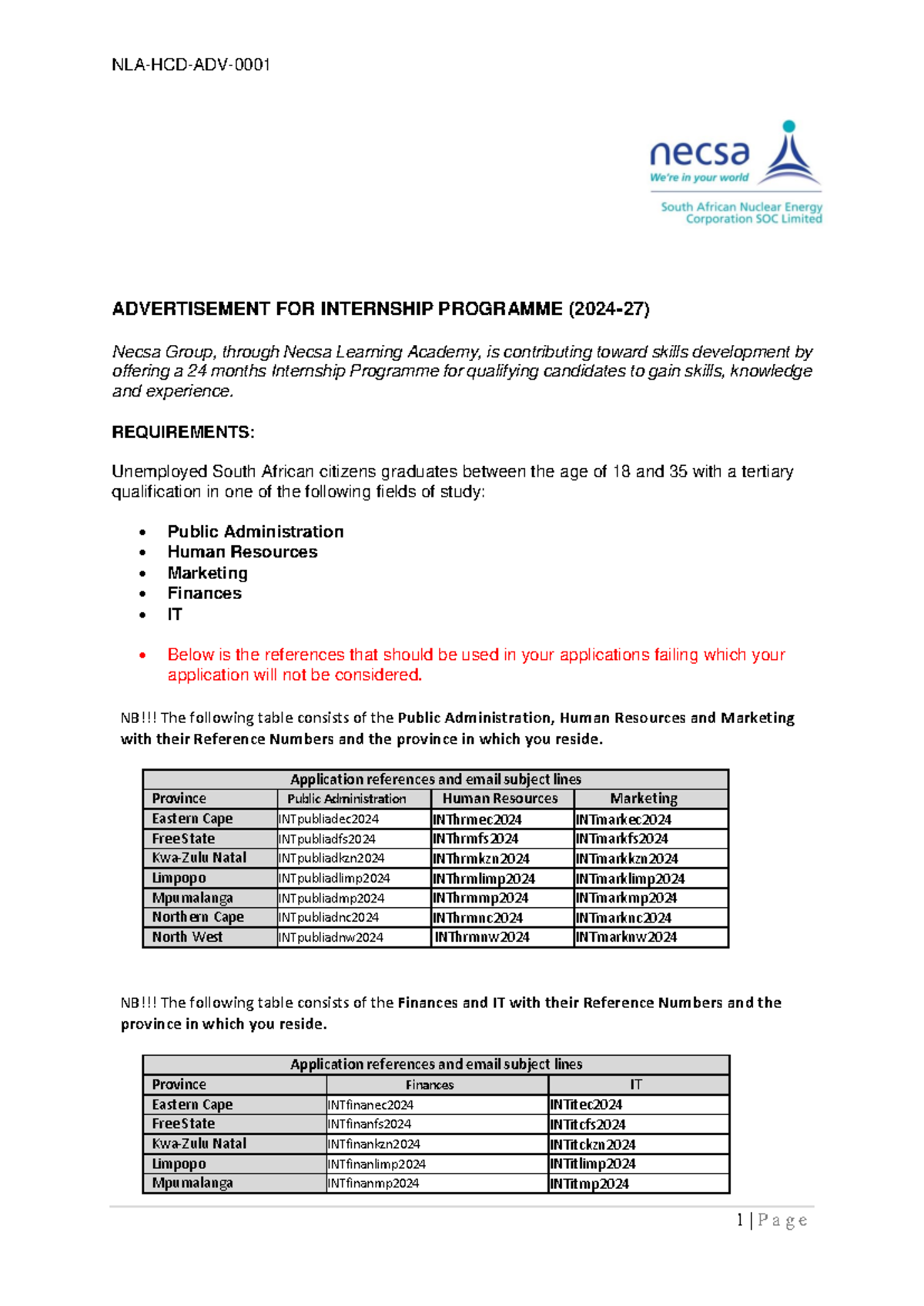 Advertisement FOR Internship 1st Intake 2024 003 - NLA-HCD-ADV- 1 | P a ...