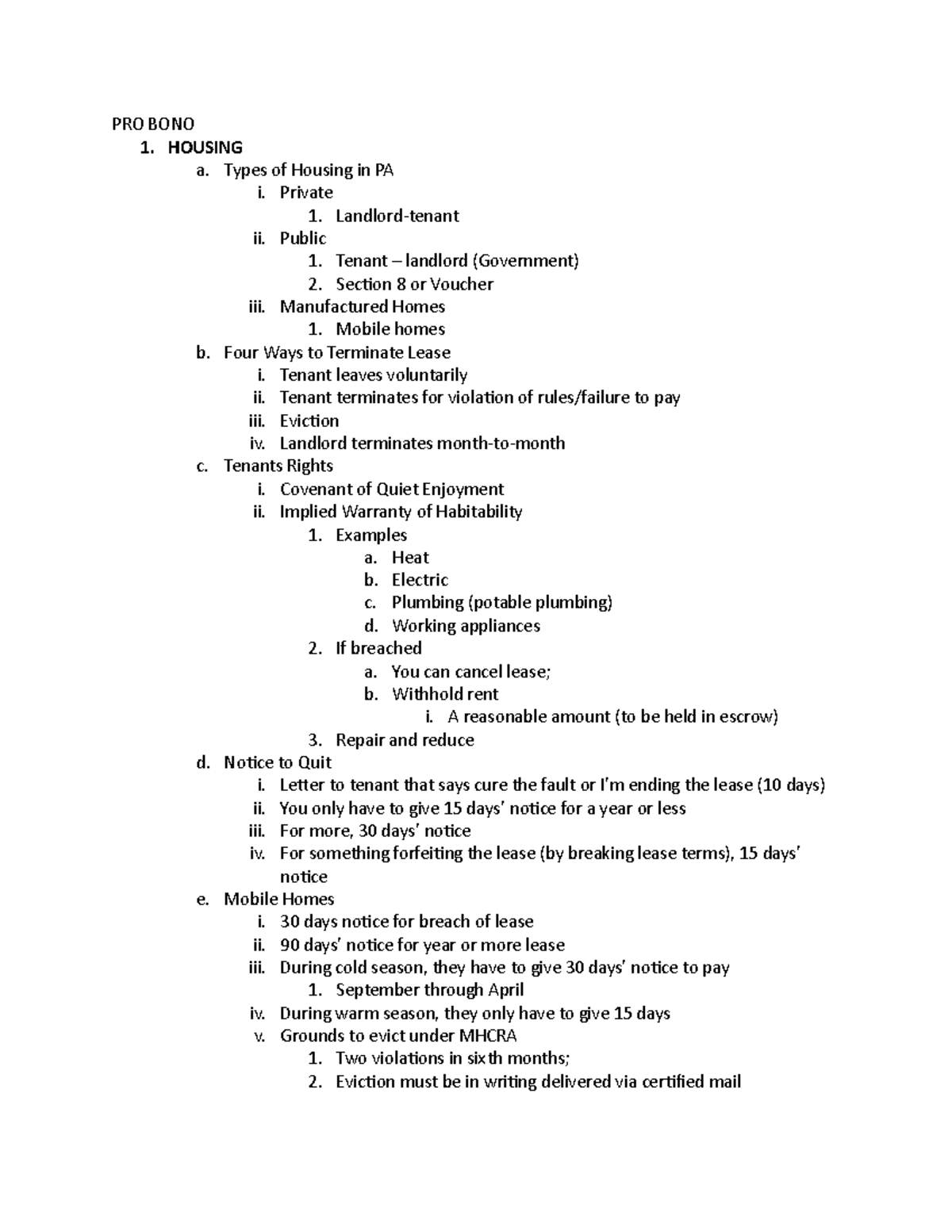 Pro bono outline - PRO BONO 1. HOUSING a. Types of Housing in PA i ...