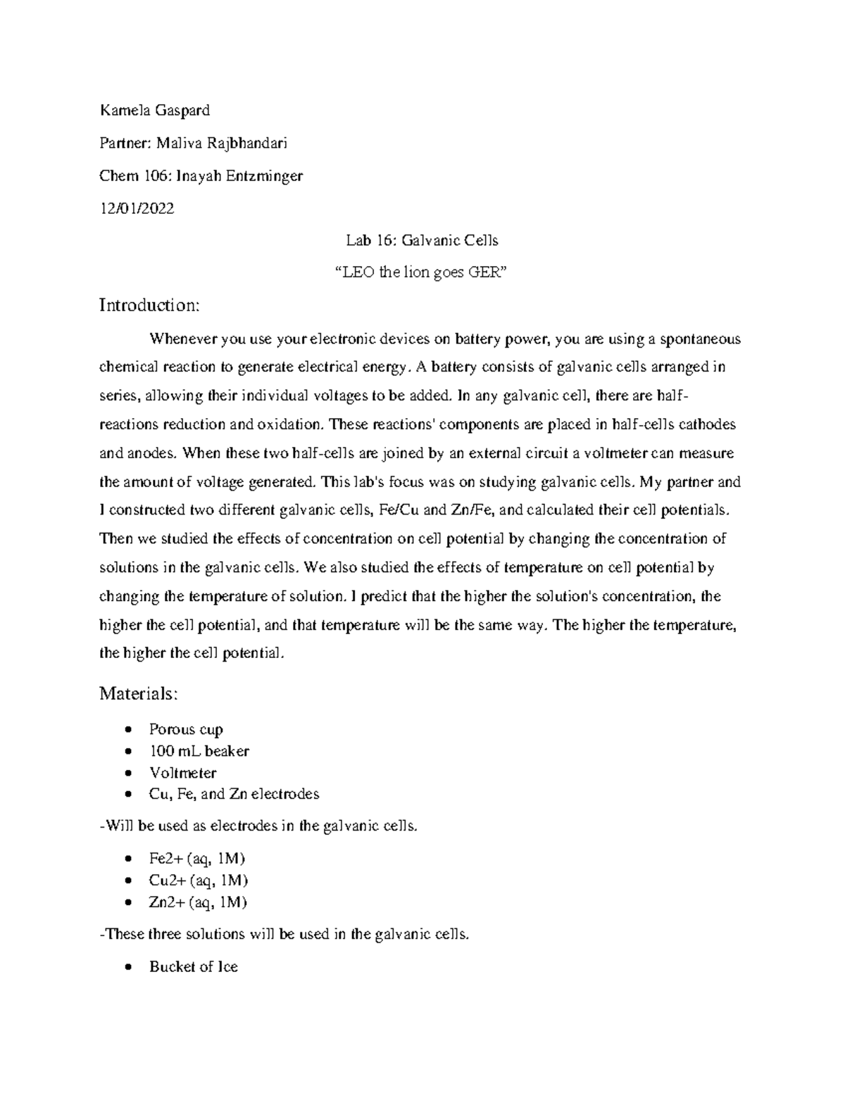 Chem 106 Lab 16 Lab Report - Kamela Gaspard Partner: Maliva Rajbhandari ...