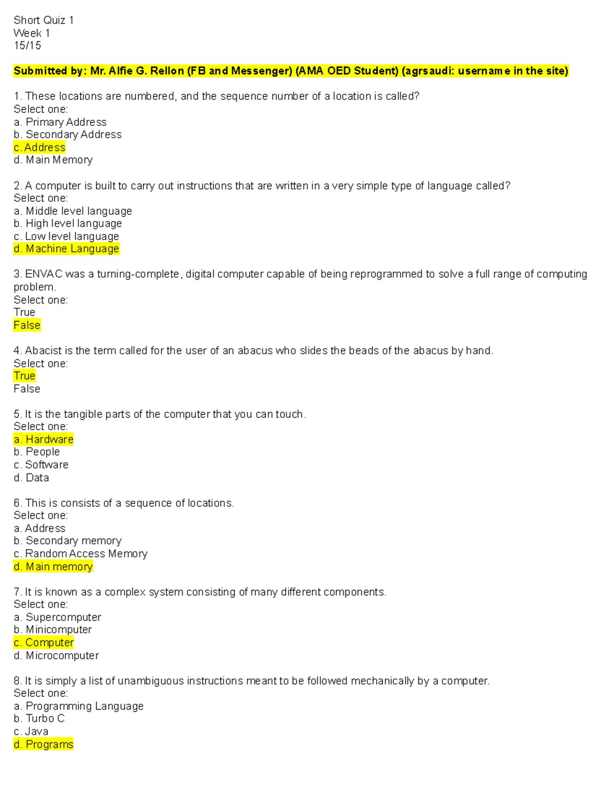 MIS6111 Fundamentals of Information System Short Quiz 001 Short Quiz