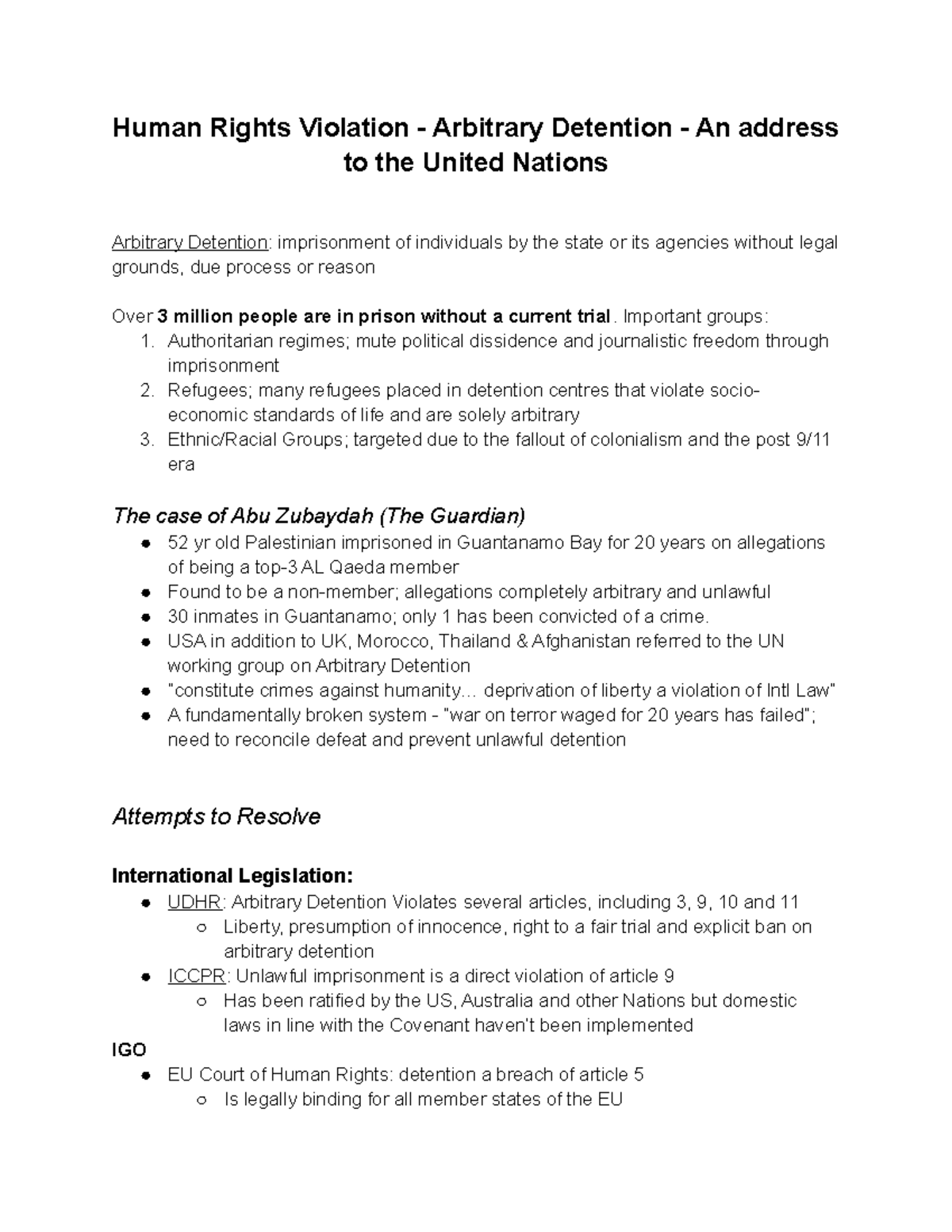 Summary Sheet Arbitrary Detention Human Rights Violation