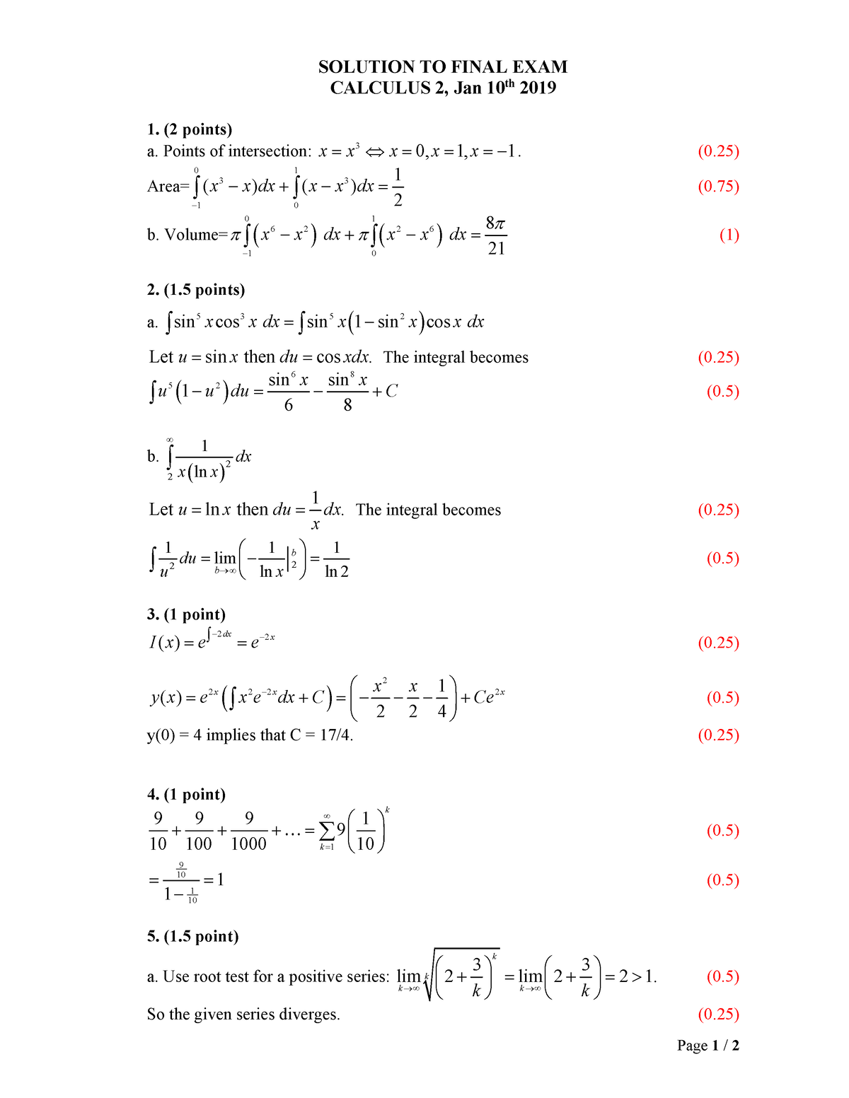 DA Calculus 2 Jan 2019 - Thankssssss - Page 1 / 2 SOLUTION TO FINAL ...