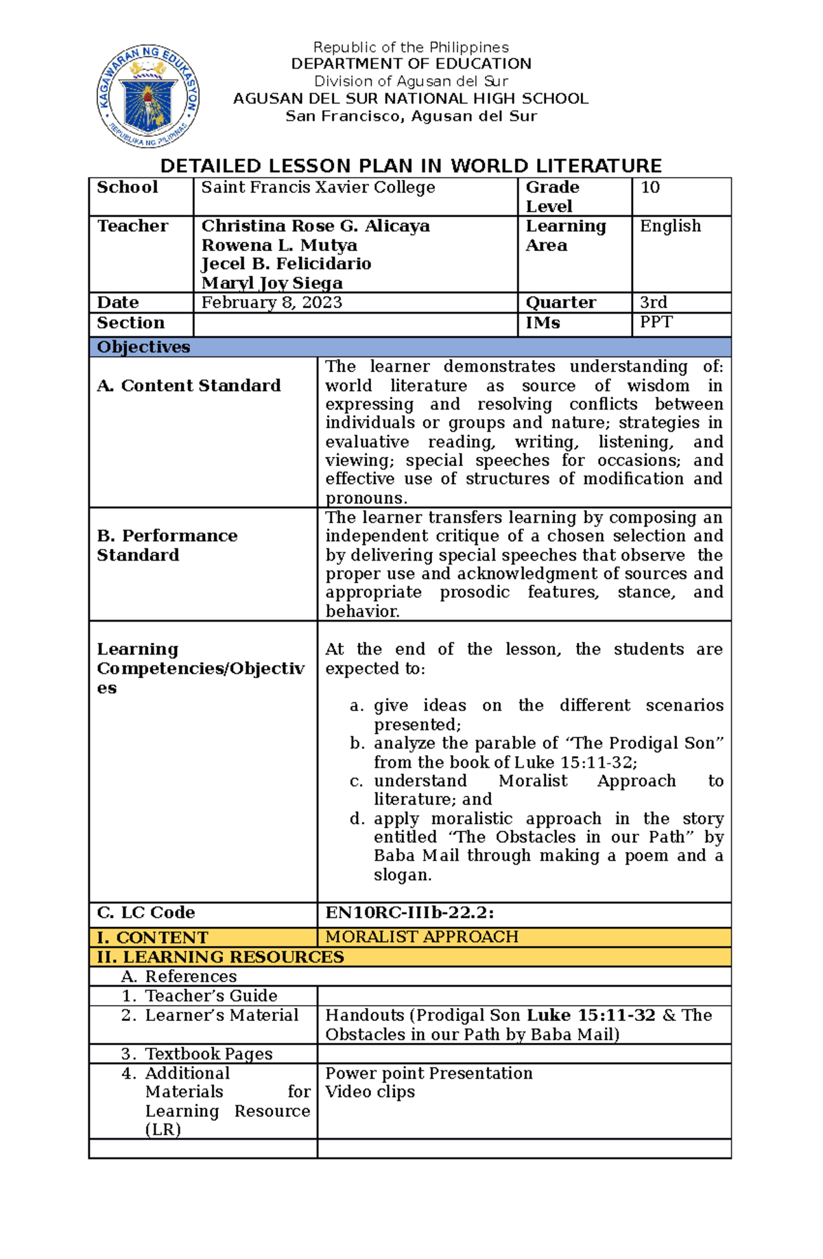 Group 2LP - lesson plan in english - Republic of the Philippines ...