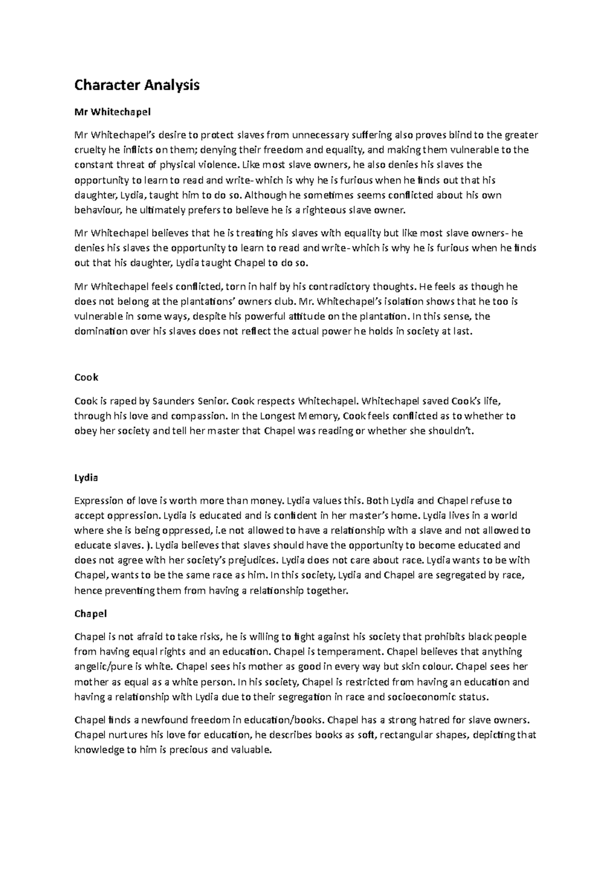 Character Analysis longest memory - Character Analysis Mr Whitechapel ...