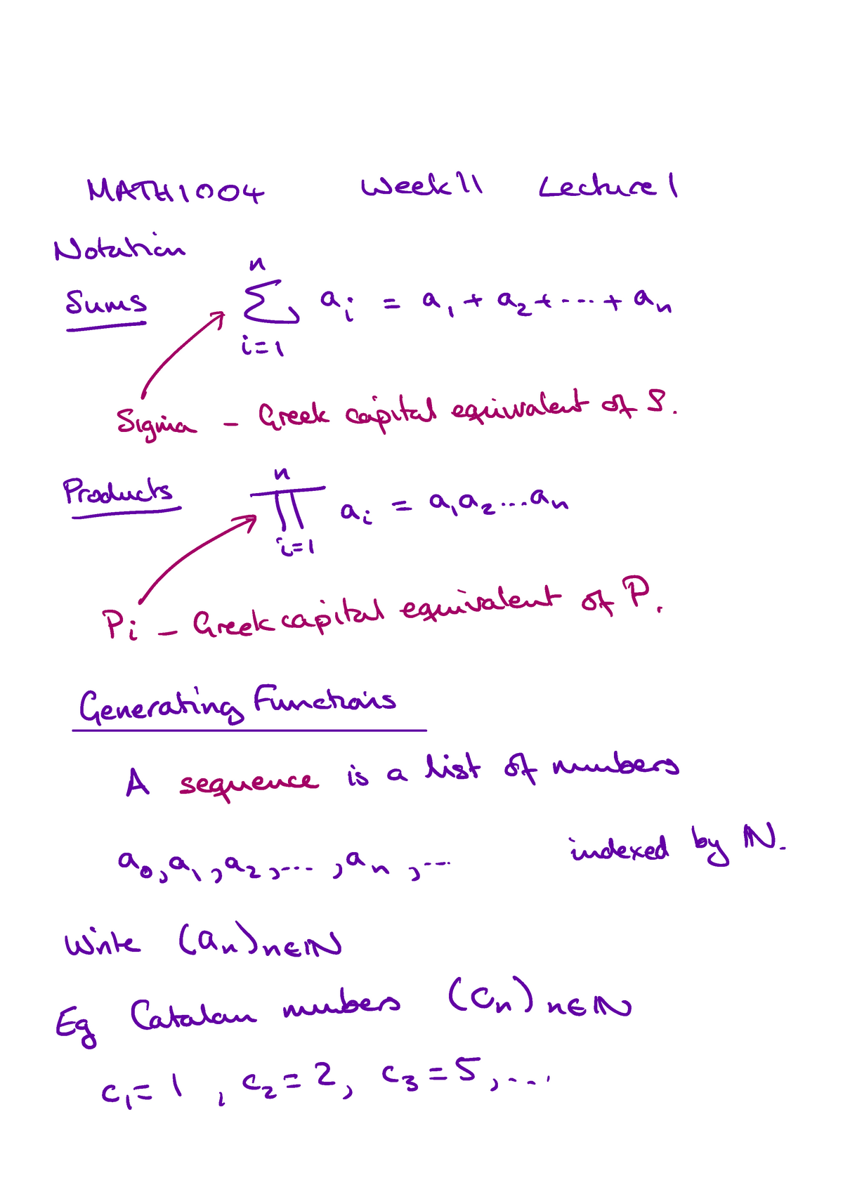 Ramagge-11-1 - Lecture Notes 1 - Math 1004 Week 11 Lecture 1 Notation 