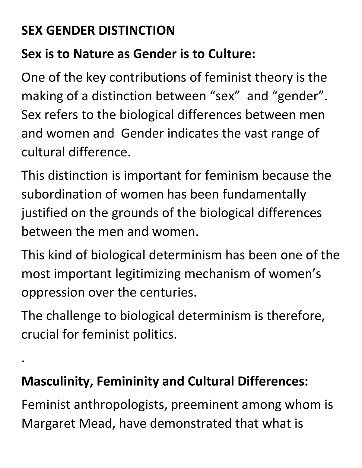 Sex Gender Distinction Sex Gender Distinction Sex Is To Nature As Gender Is To Culture One Of